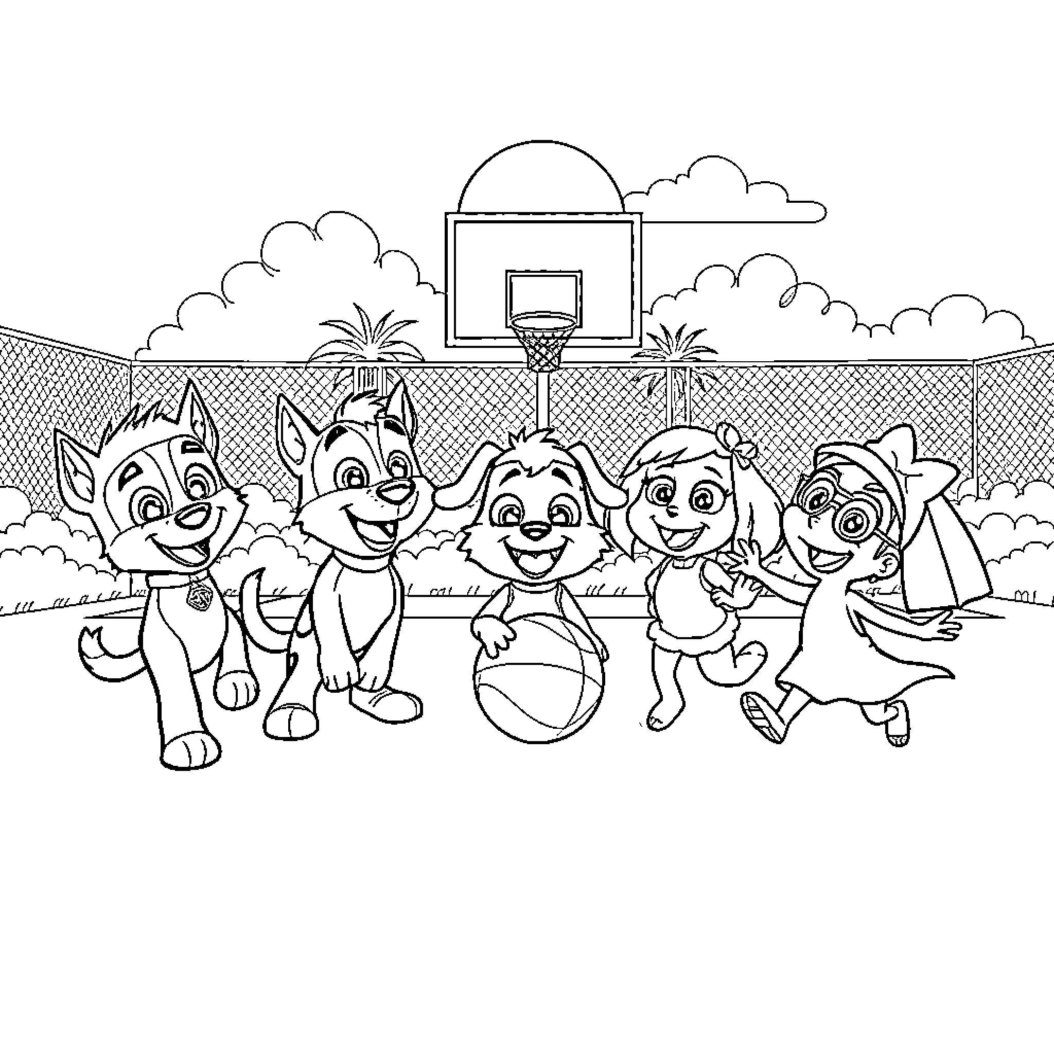 Character Puppies Playing on Basketball Court Coloring Page (free black-and-white line drawing printable PDF for all, from beginners to advanced learners, including children, teens, adults, and seniors)