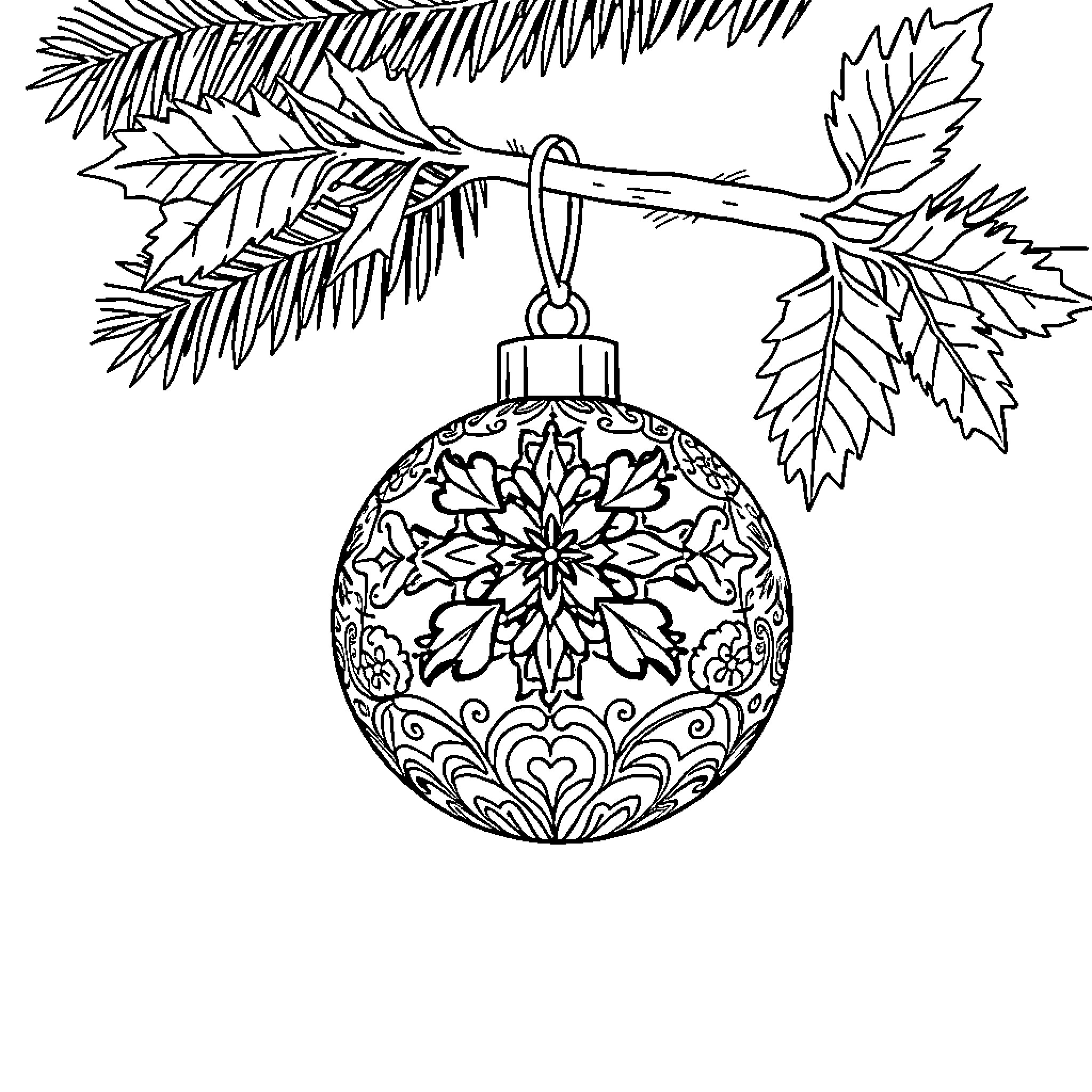 Christmas Tree Ornament with Intricate Snowflake Design Coloring Page (free black-and-white line drawing printable PDF for all, from beginners to advanced learners, including children, teens, adults, and seniors)
