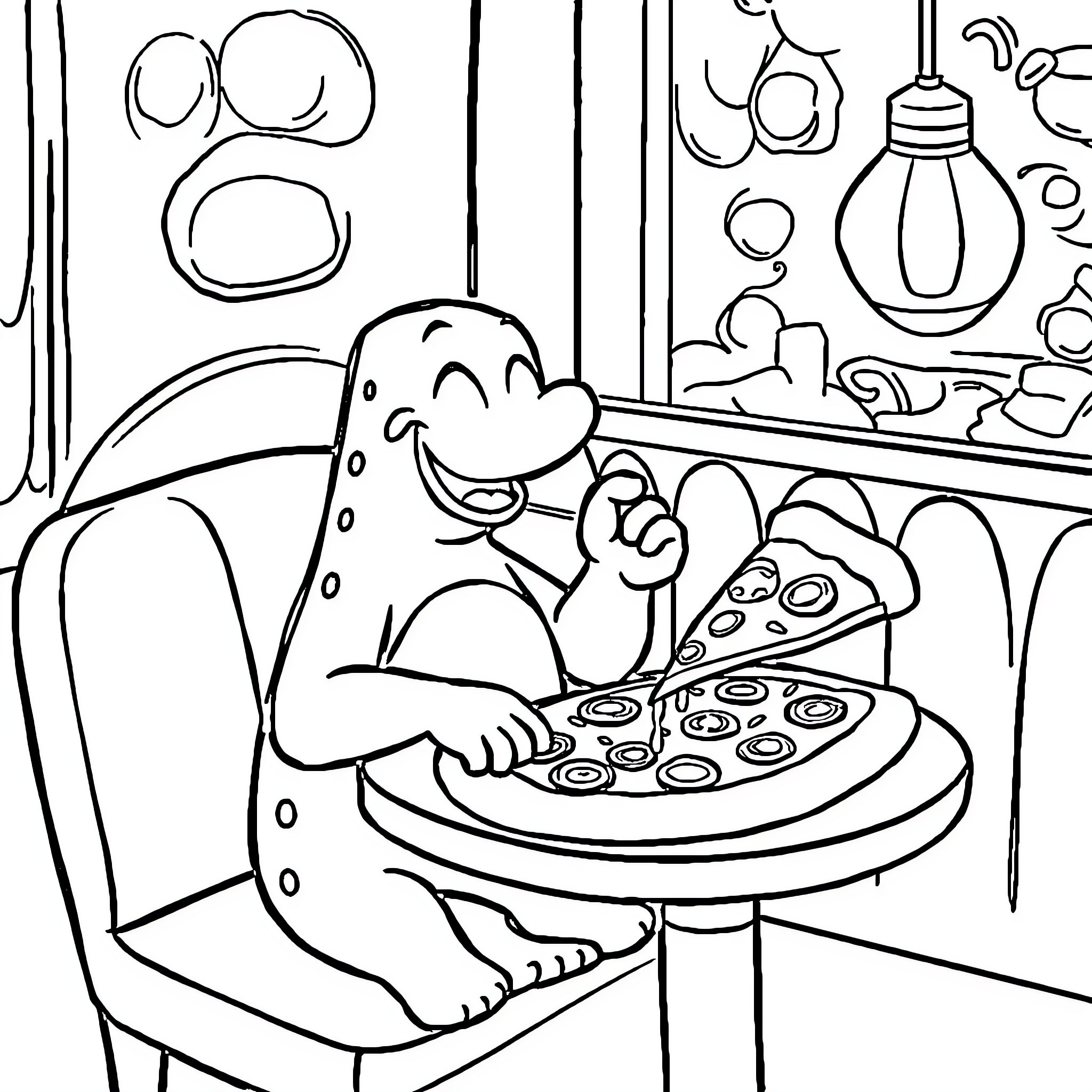 Airoman enjoying a delicious pizza at home Coloring Page (free black-and-white line drawing printable PDF for all, from beginners to advanced learners, including children, teens, adults, and seniors)