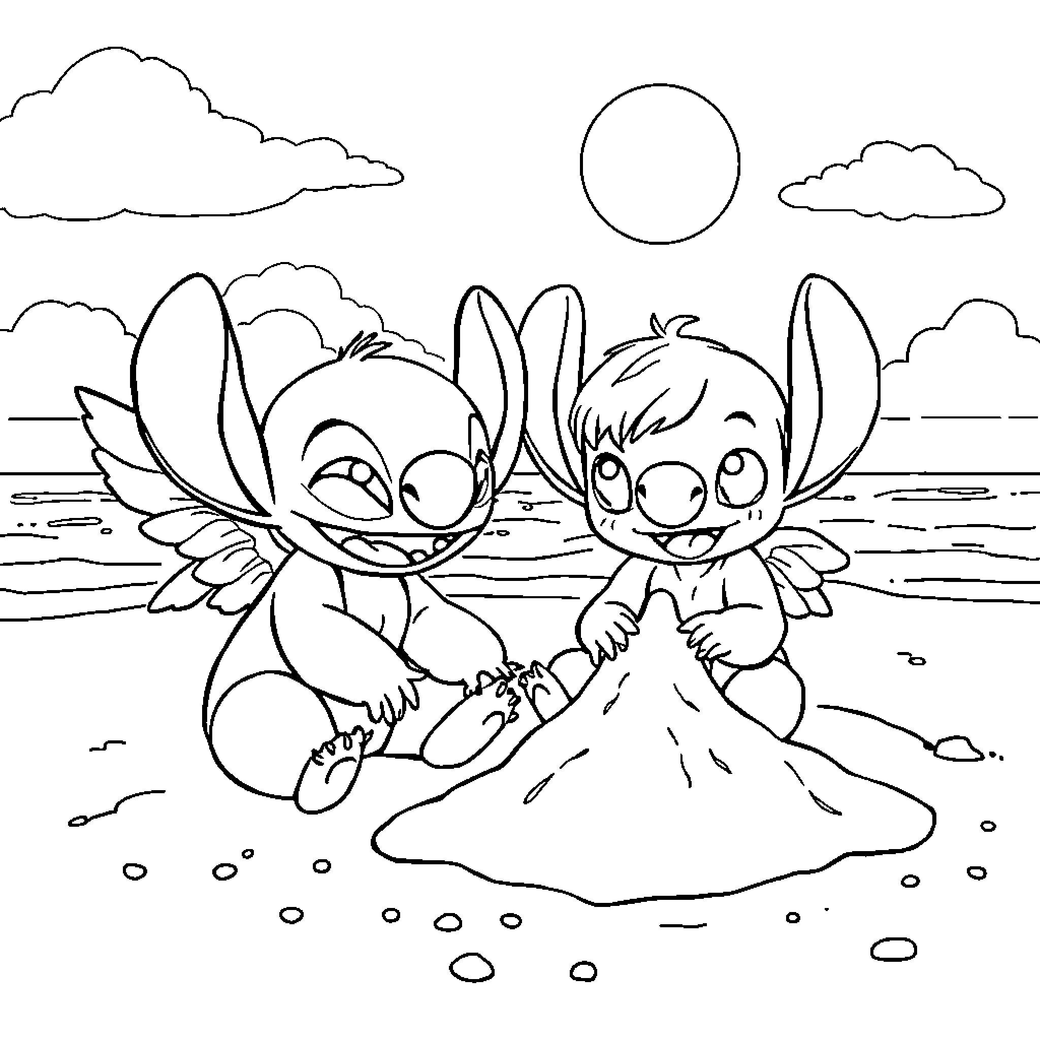 Stitch and Scrump Enjoying the Beach Coloring Page (free black-and-white line drawing printable PDF for all, from beginners to advanced learners, including children, teens, adults, and seniors)
