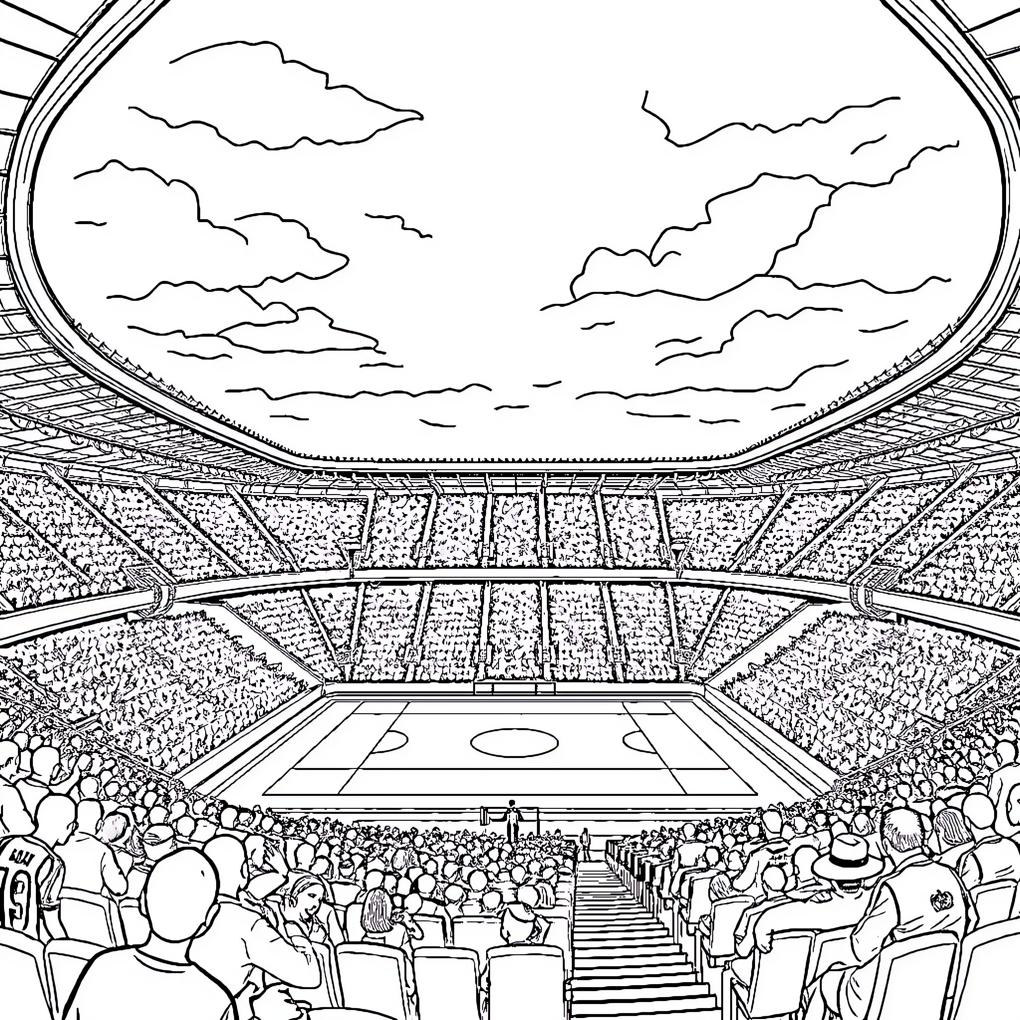 Stadium filled with sports fans and athletes Coloring Page (free black-and-white line drawing printable PDF for all, from beginners to advanced learners, including children, teens, adults, and seniors)
