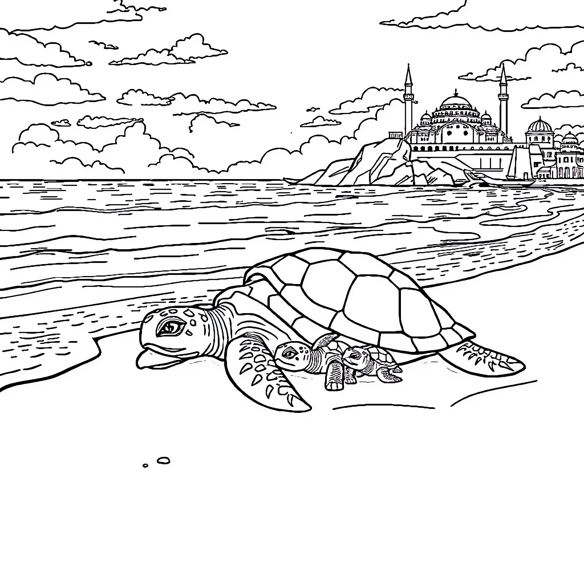 Turtle resting on the beach near a city skyline Coloring Page (free black-and-white line drawing printable PDF for all, from beginners to advanced learners, including children, teens, adults, and seniors)