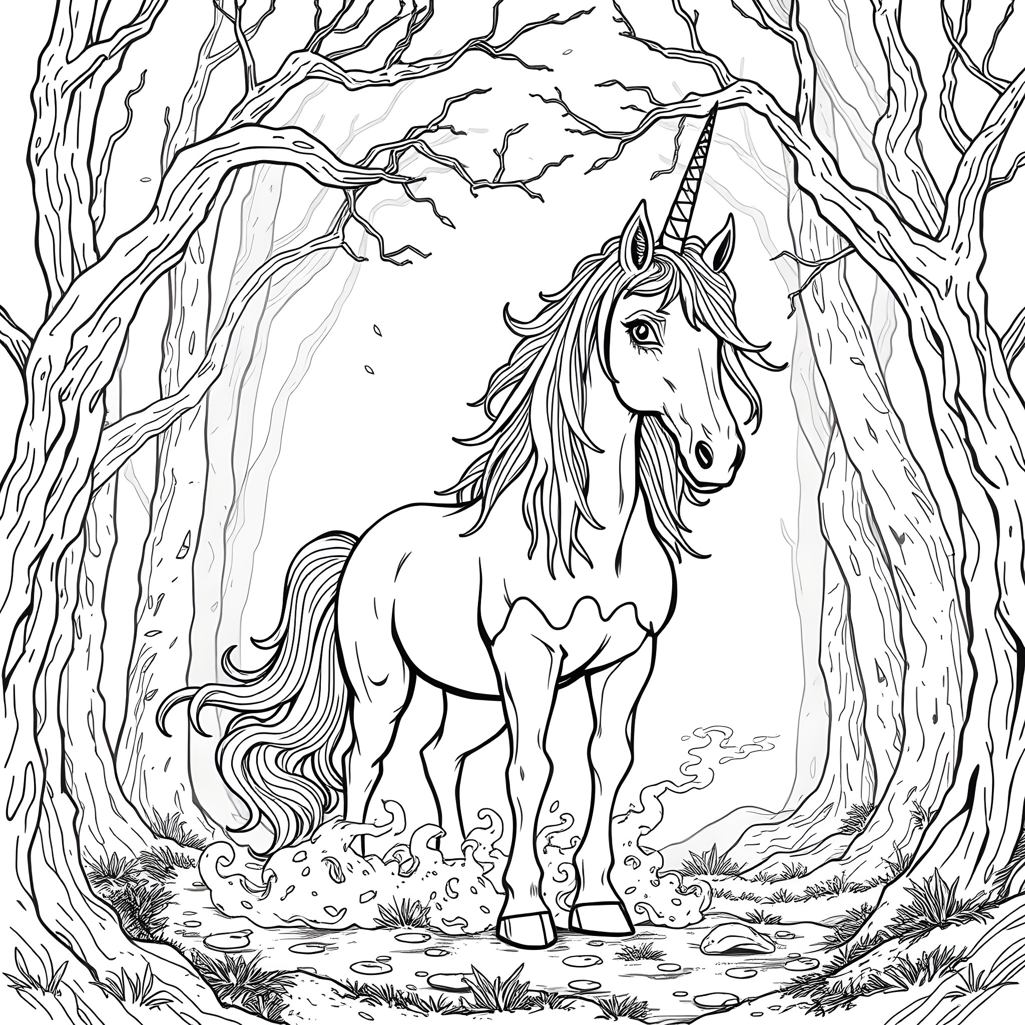 Unicorn in the Enchanted Forest Coloring Page (free black-and-white line drawing printable PDF for all, from beginners to advanced learners, including children, teens, adults, and seniors)