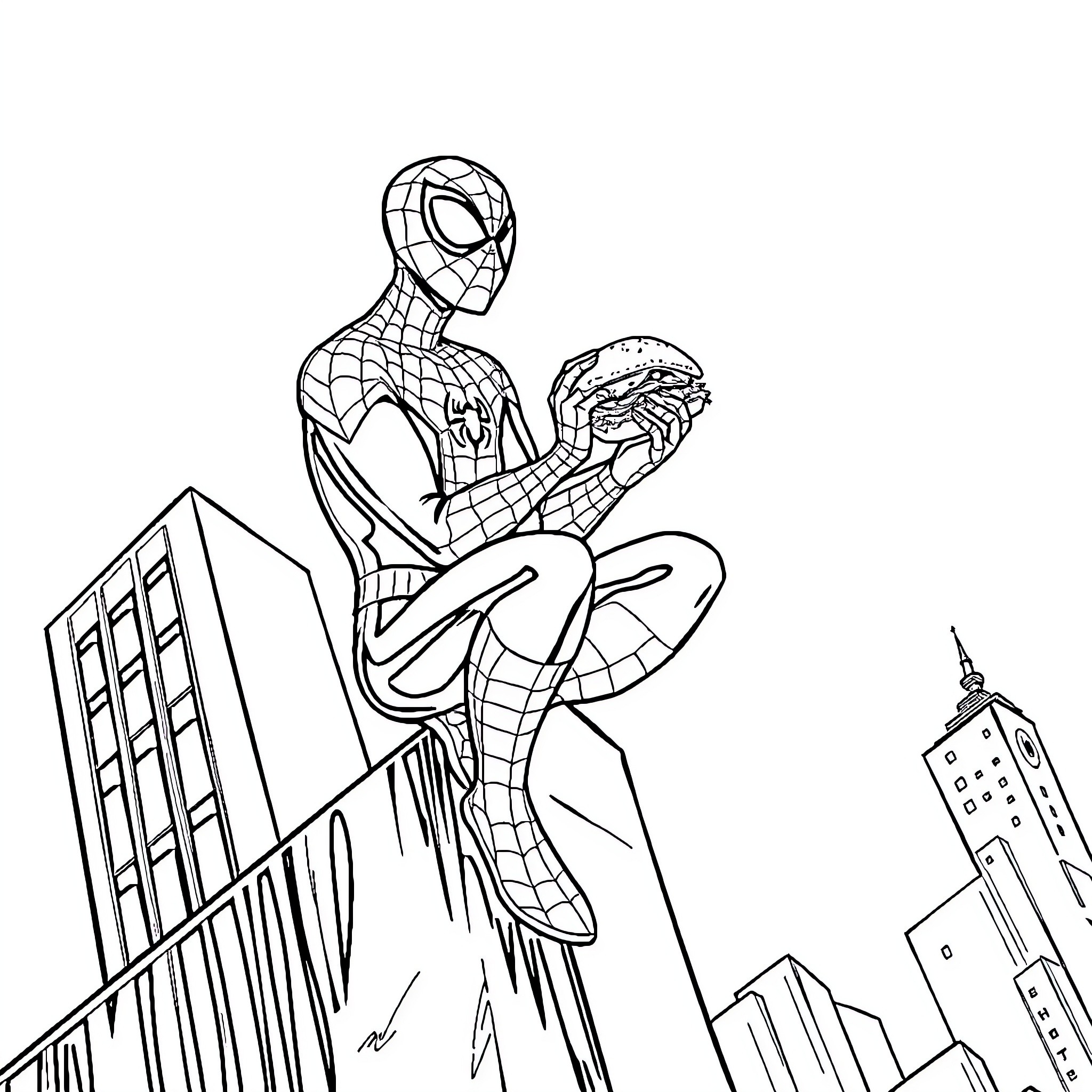 Spiderman swinging through the city skyline Coloring Page (free black-and-white line drawing printable PDF for all, from beginners to advanced learners, including children, teens, adults, and seniors)