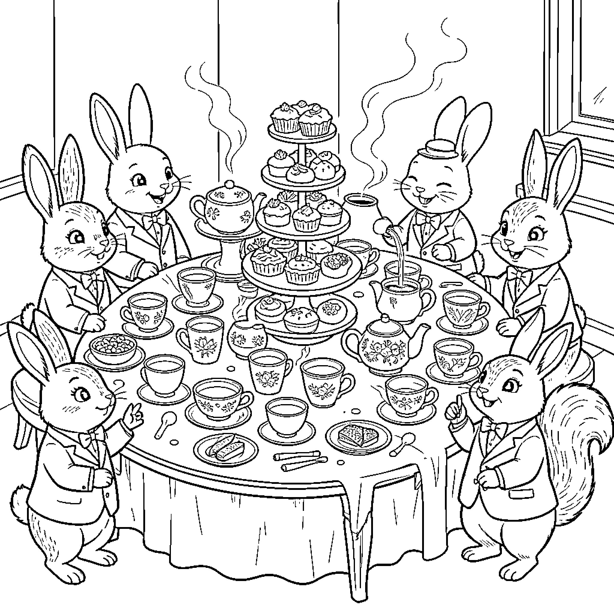 Tea Party with Cheerful Rabbit Guests Coloring Page (free black-and-white line drawing printable PDF for all, from beginners to advanced learners, including children, teens, adults, and seniors)