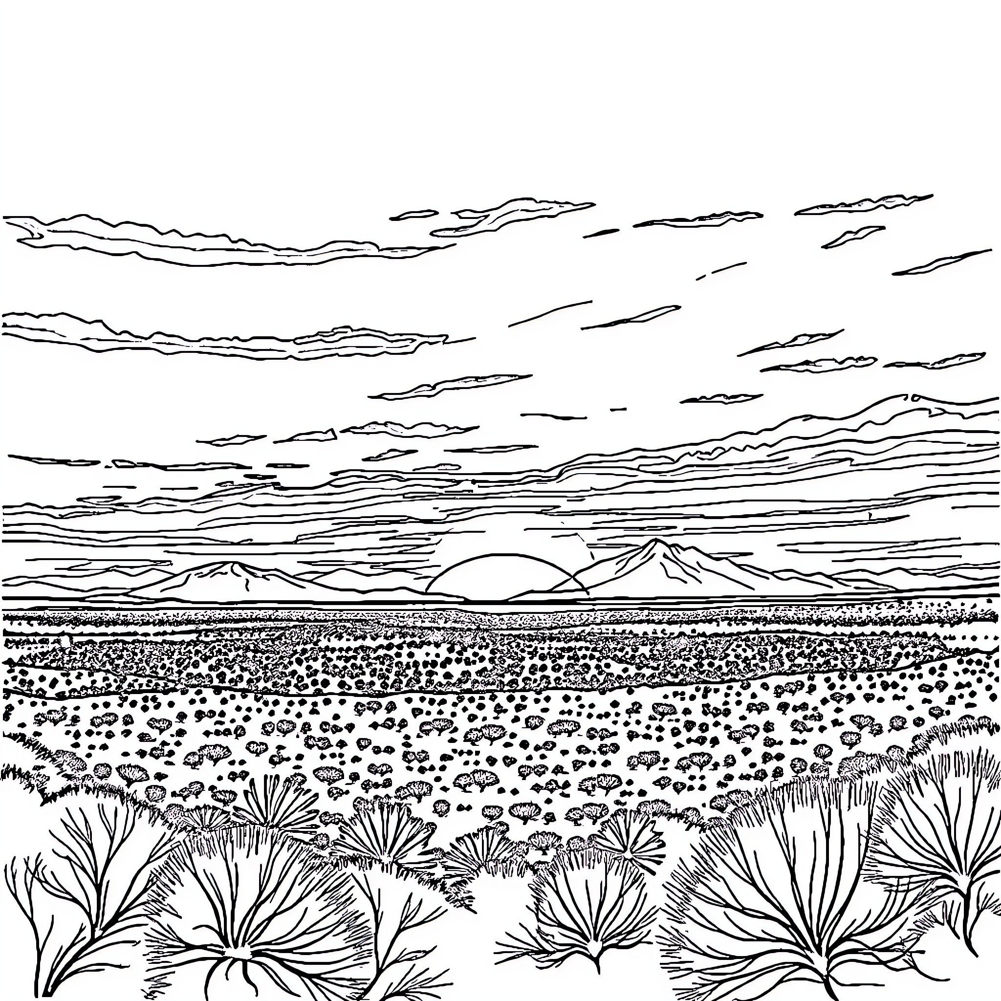 Sunset over a desert landscape Coloring Page (free black-and-white line drawing printable PDF for all, from beginners to advanced learners, including children, teens, adults, and seniors)