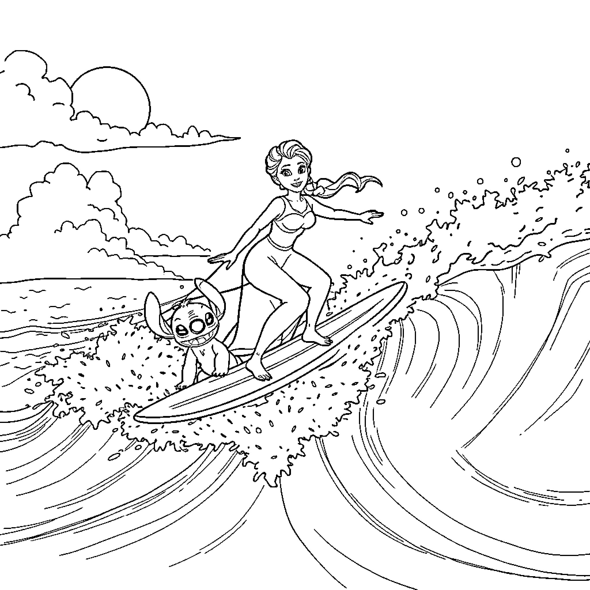 Elsa surfing on the ocean waves with Stitch Coloring Page (free black-and-white line drawing printable PDF for all, from beginners to advanced learners, including children, teens, adults, and seniors)