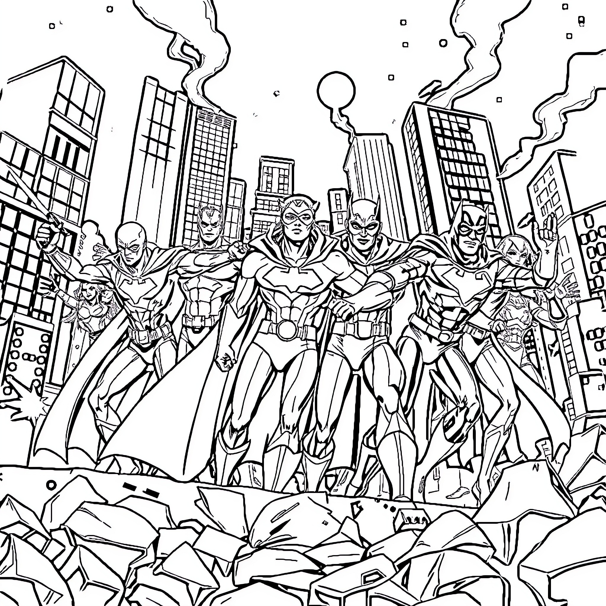 Superheroes Assemble to Defend the City Coloring Page (free black-and-white line drawing printable PDF for all, from beginners to advanced learners, including children, teens, adults, and seniors)