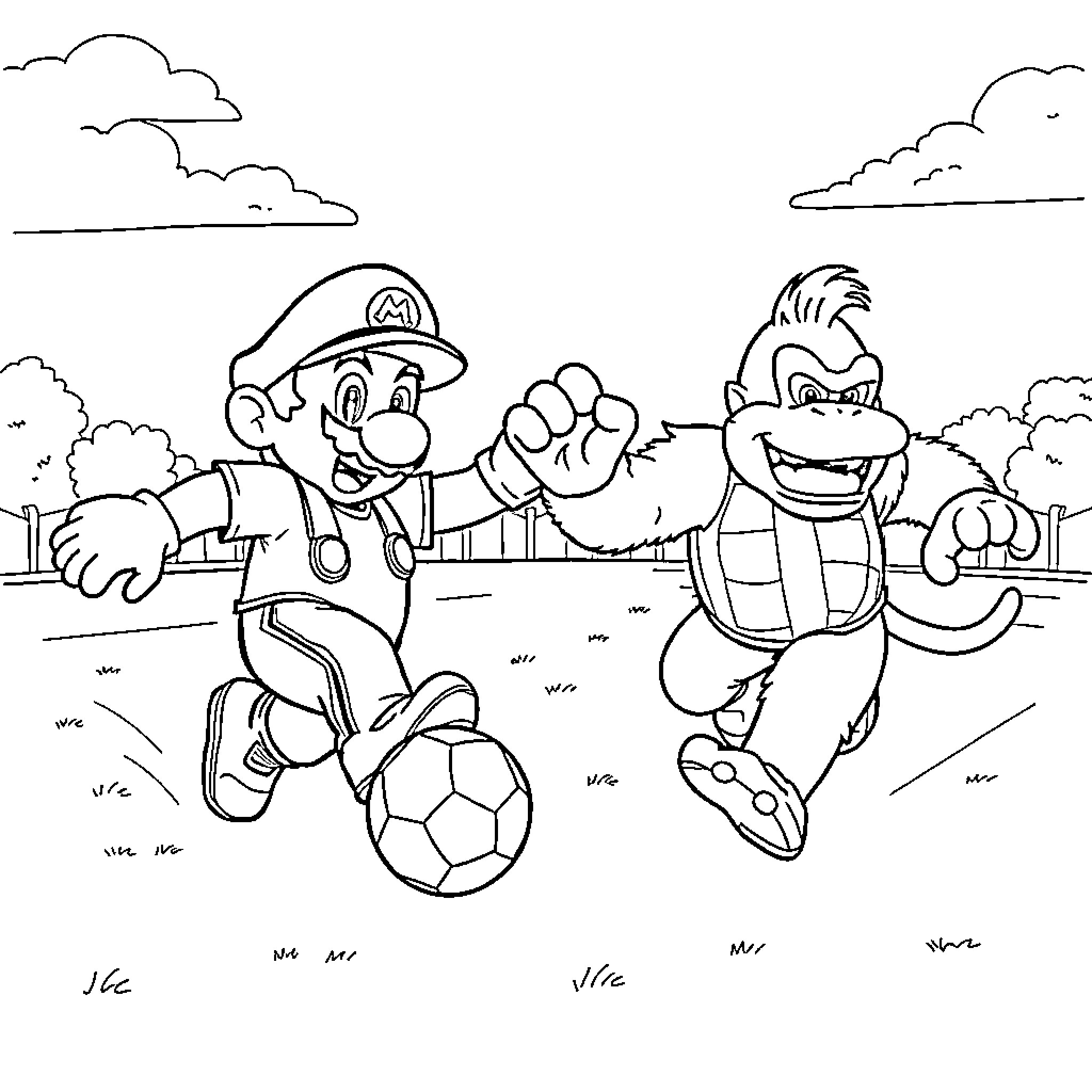 Mario and Donkey Kong Playing Soccer on the Field Coloring Page (free black-and-white line drawing printable PDF for all, from beginners to advanced learners, including children, teens, adults, and seniors)