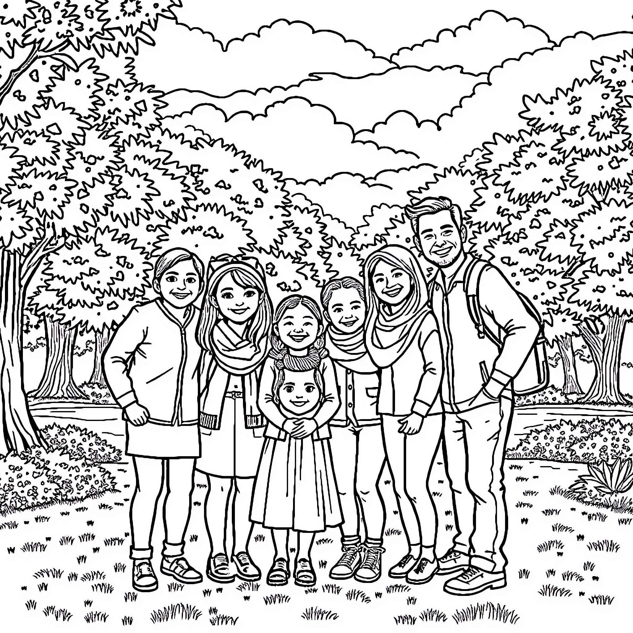 Family enjoying outdoor nature scene together Coloring Page (free black-and-white line drawing printable PDF for all, from beginners to advanced learners, including children, teens, adults, and seniors)