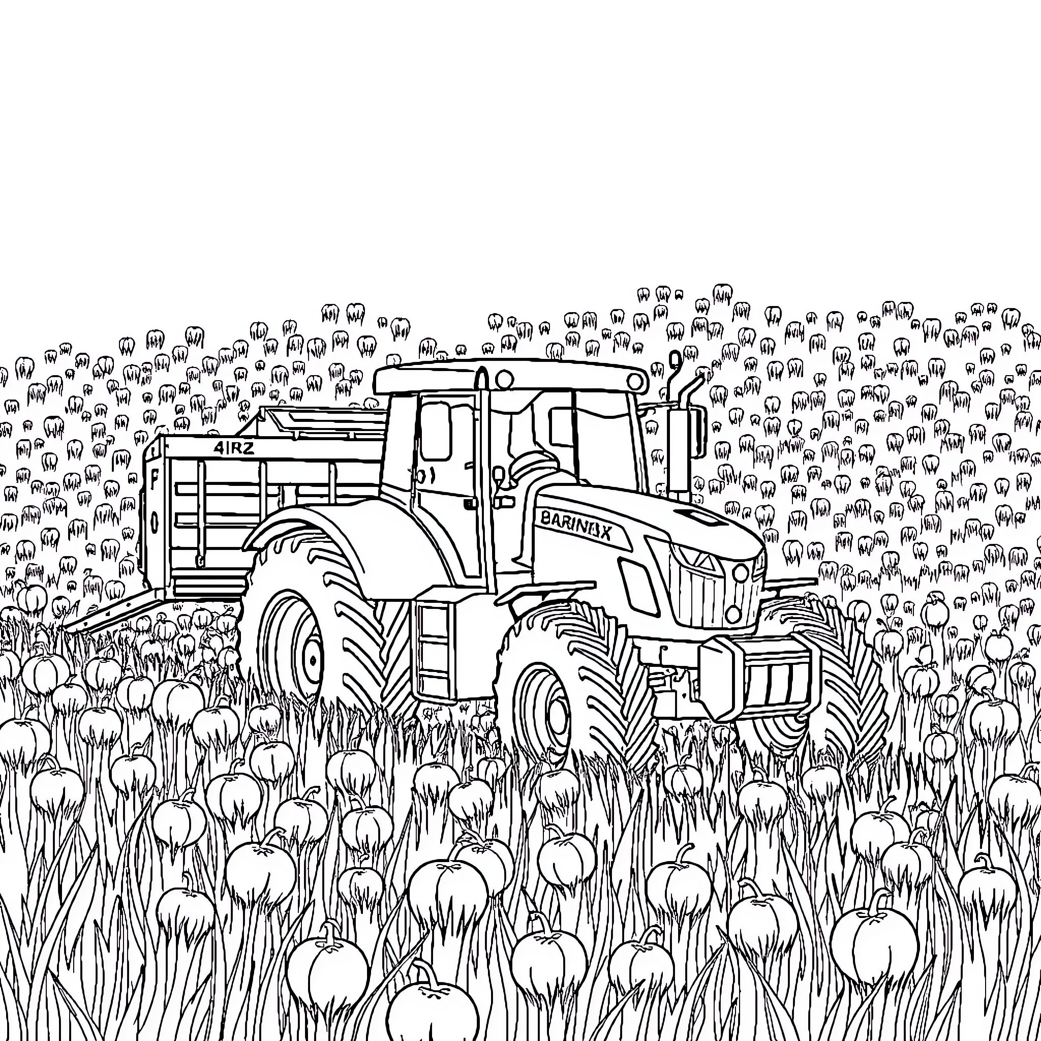 Tractor harvesting crops in a field of flowers Coloring Page (free black-and-white line drawing printable PDF for all, from beginners to advanced learners, including children, teens, adults, and seniors)