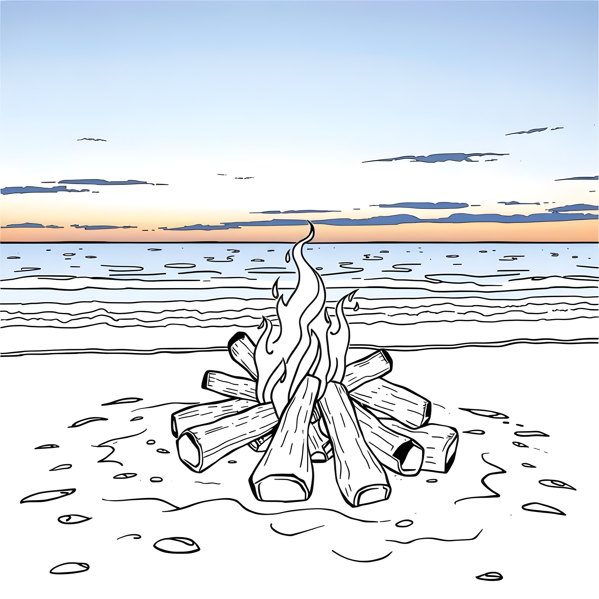 Bonfire by the serene coastal shore Coloring Page (free black-and-white line drawing printable PDF for all, from beginners to advanced learners, including children, teens, adults, and seniors)