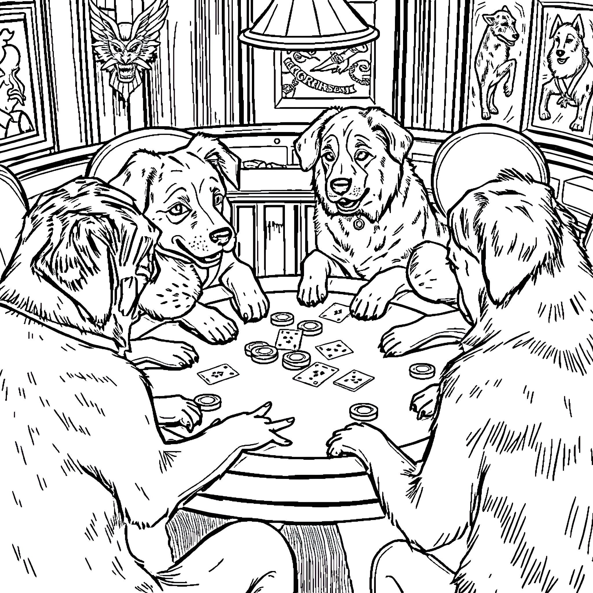 Dogs playing poker in a cozy room Coloring Page (free black-and-white line drawing printable PDF for all, from beginners to advanced learners, including children, teens, adults, and seniors)