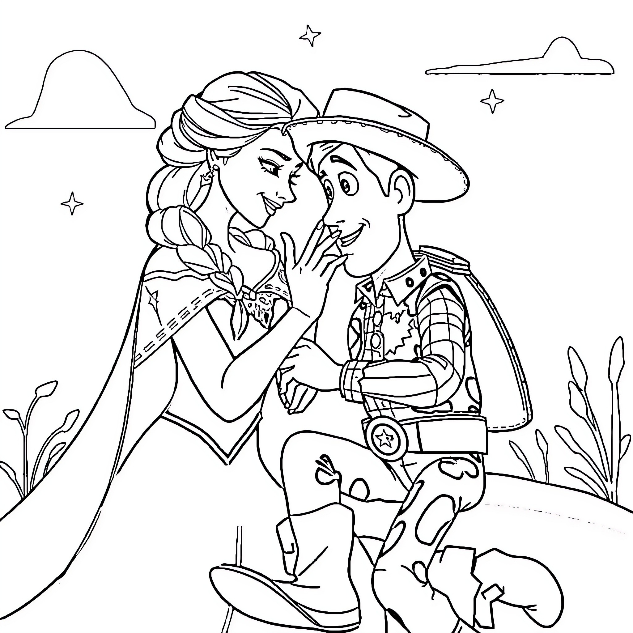 Elsa and Woody in a Magical Adventure Coloring Page (free black-and-white line drawing printable PDF for all, from beginners to advanced learners, including children, teens, adults, and seniors)