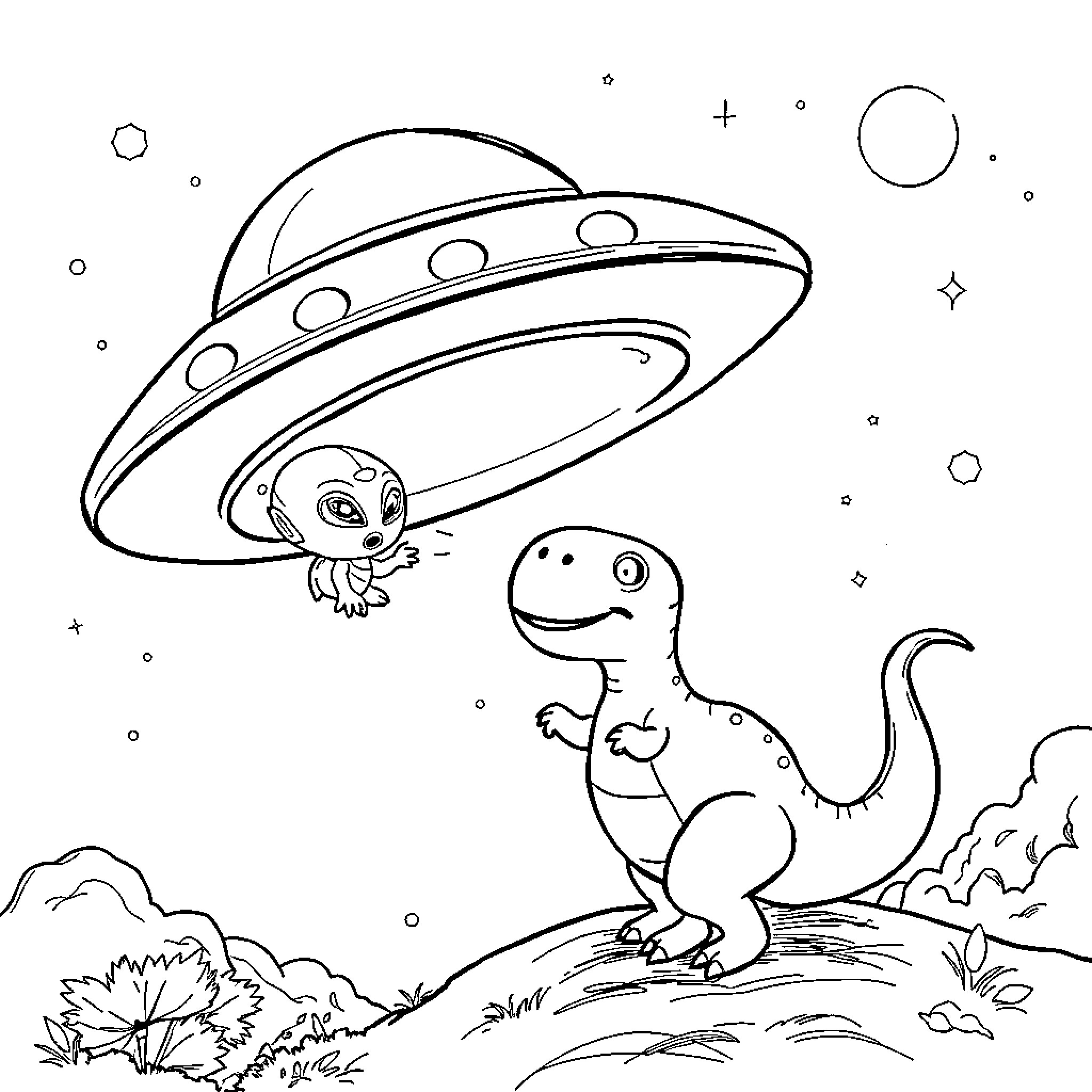 UFO and curious alien exploring dinosaur in forest Coloring Page (free black-and-white line drawing printable PDF for all, from beginners to advanced learners, including children, teens, adults, and seniors)