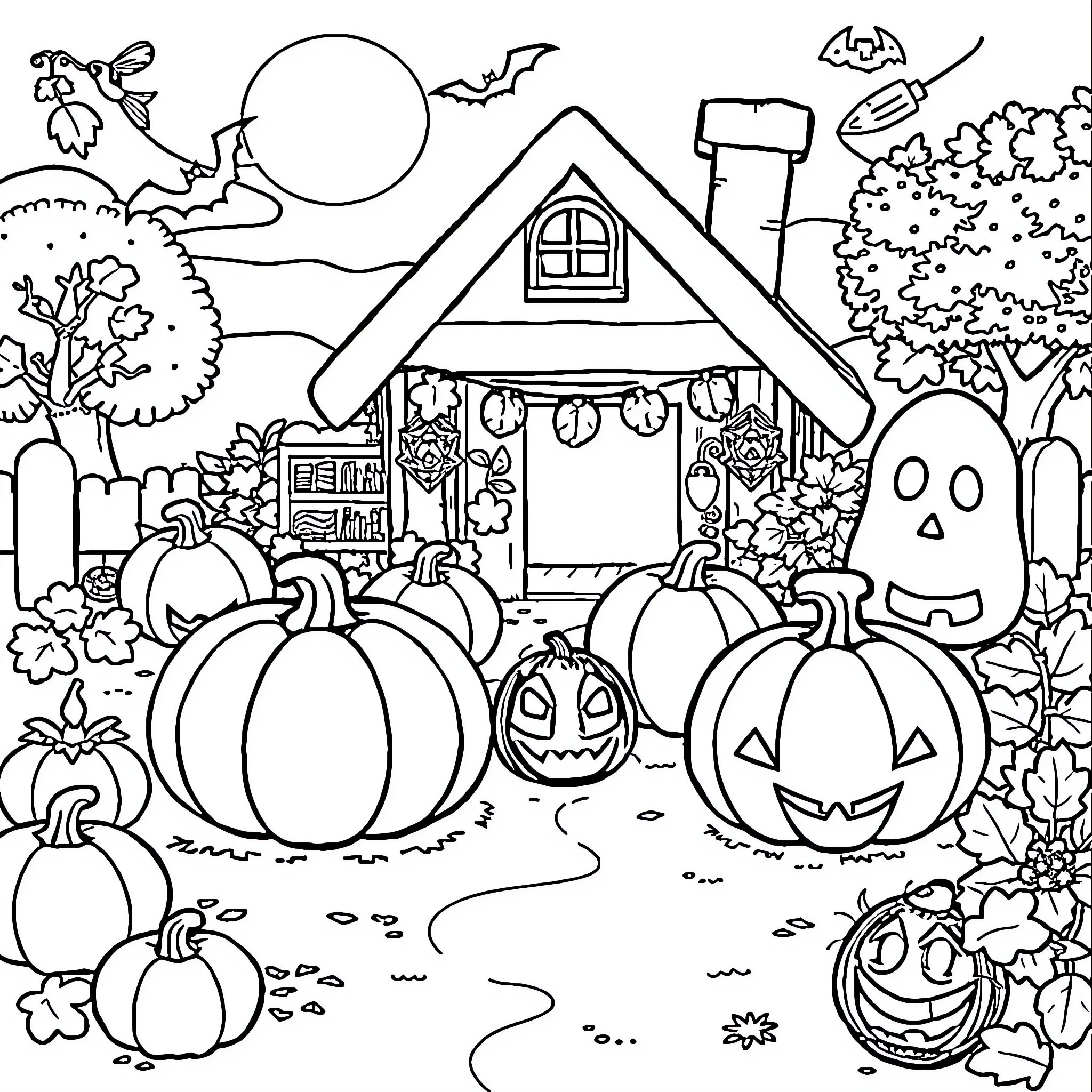 Animal Crossing: Spooky Halloween Party Coloring Page (free black-and-white line drawing printable PDF for all, from beginners to advanced learners, including children, teens, adults, and seniors)