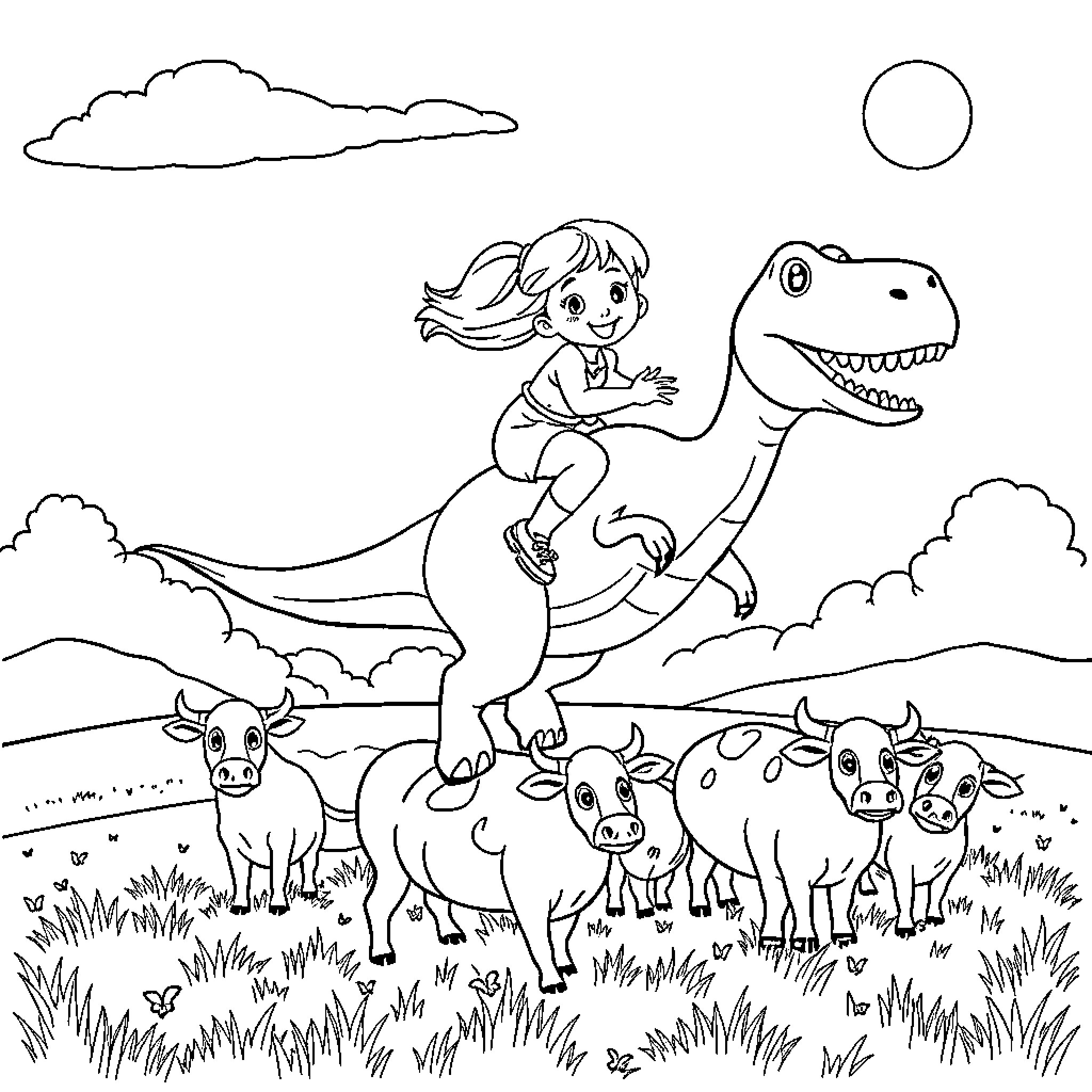 Girl riding a friendly dinosaur on the farm Coloring Page (free black-and-white line drawing printable PDF for all, from beginners to advanced learners, including children, teens, adults, and seniors)