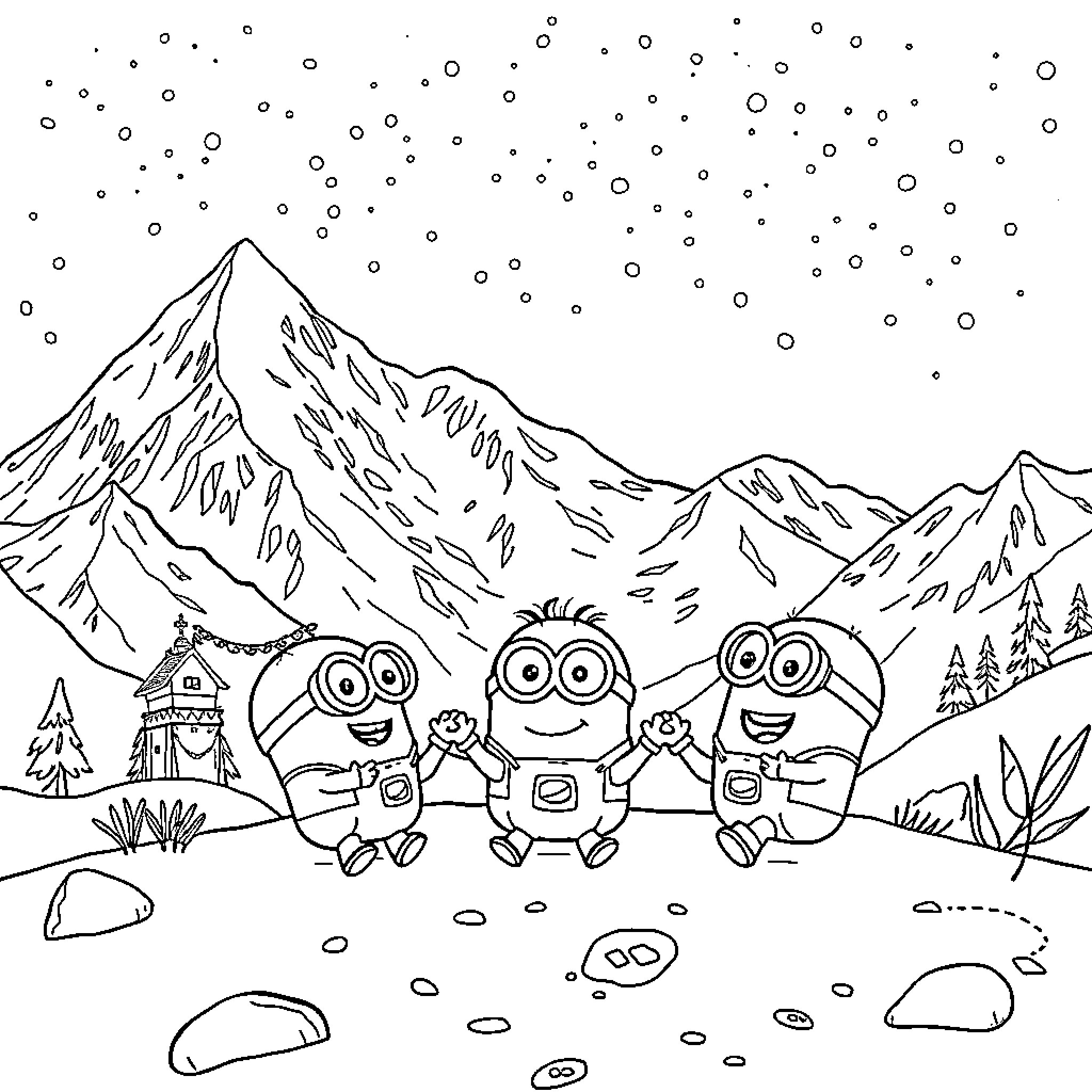 Minions playing happily in the snowy mountain landscape Coloring Page (free black-and-white line drawing printable PDF for all, from beginners to advanced learners, including children, teens, adults, and seniors)