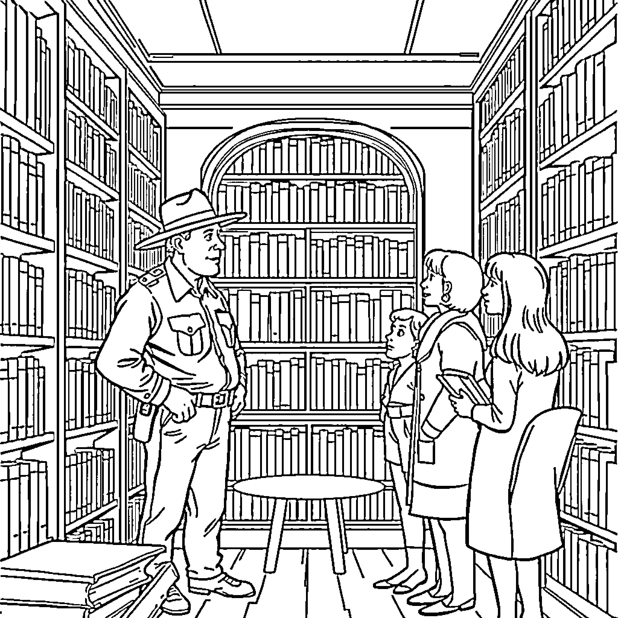 Sheriff discussing findings with investigators in library Coloring Page (free black-and-white line drawing printable PDF for all, from beginners to advanced learners, including children, teens, adults, and seniors)