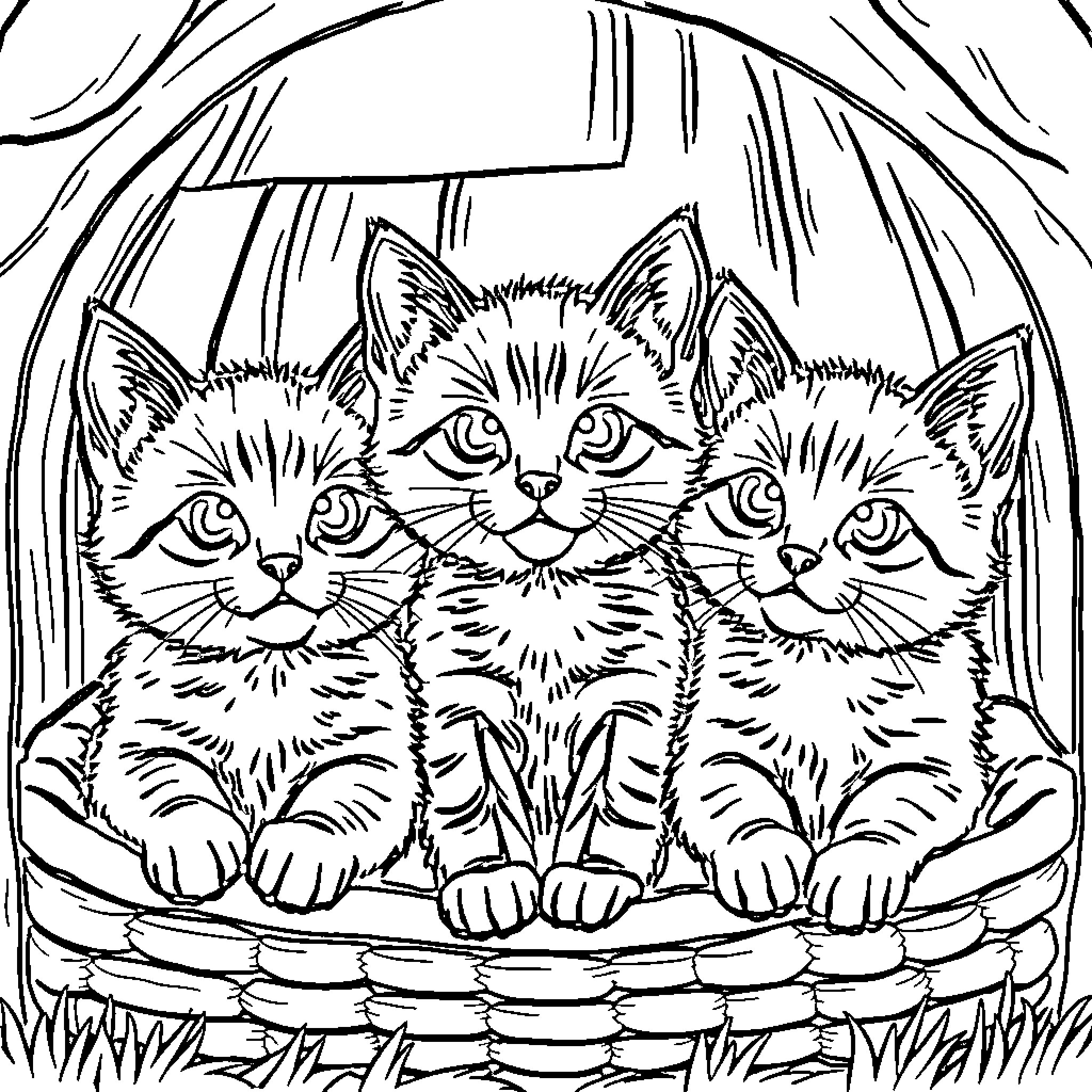 Kittens snuggled cozy in wicker basket Coloring Page (free black-and-white line drawing printable PDF for all, from beginners to advanced learners, including children, teens, adults, and seniors)