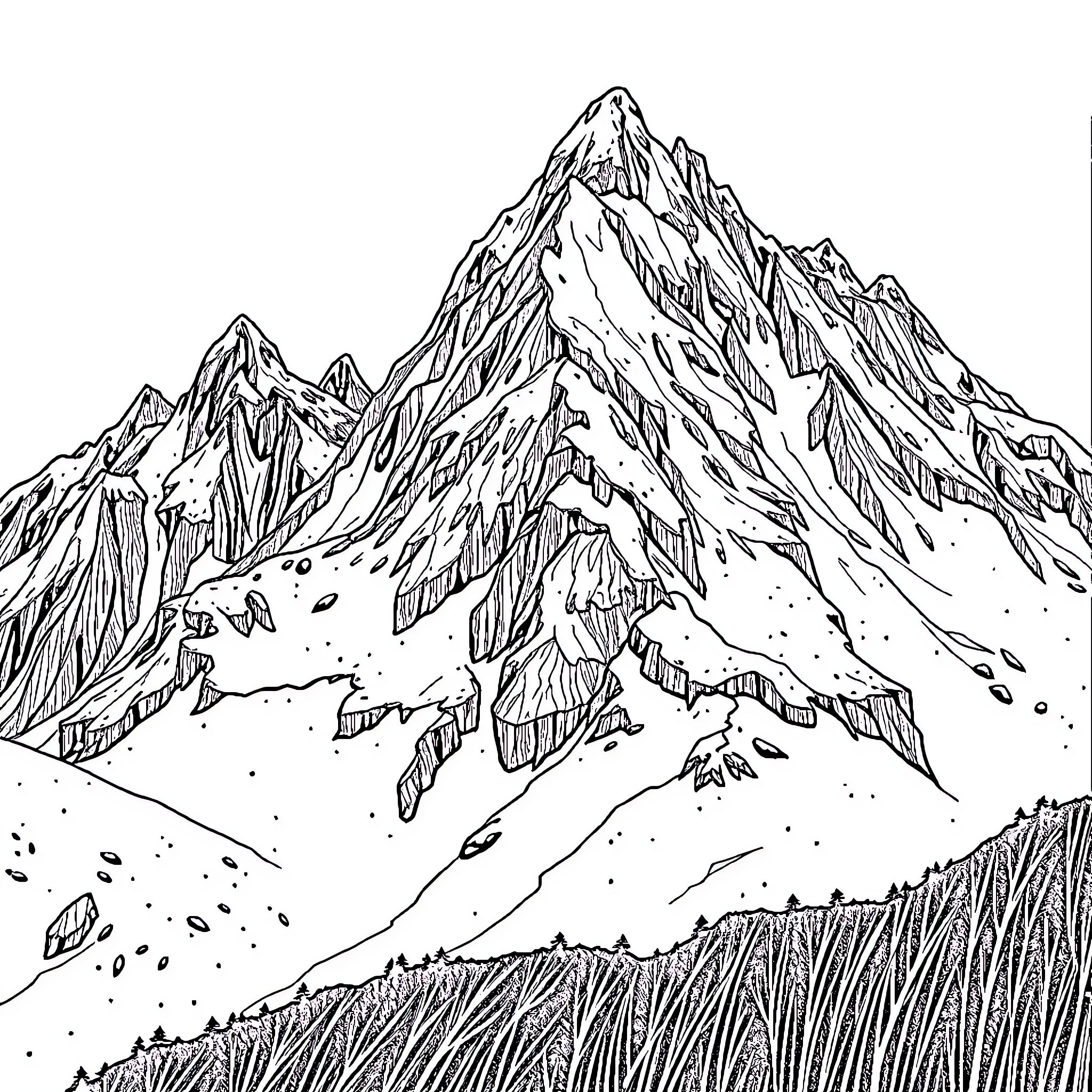 Mountain landscape with rugged peaks Coloring Page (free black-and-white line drawing printable PDF for all, from beginners to advanced learners, including children, teens, adults, and seniors)