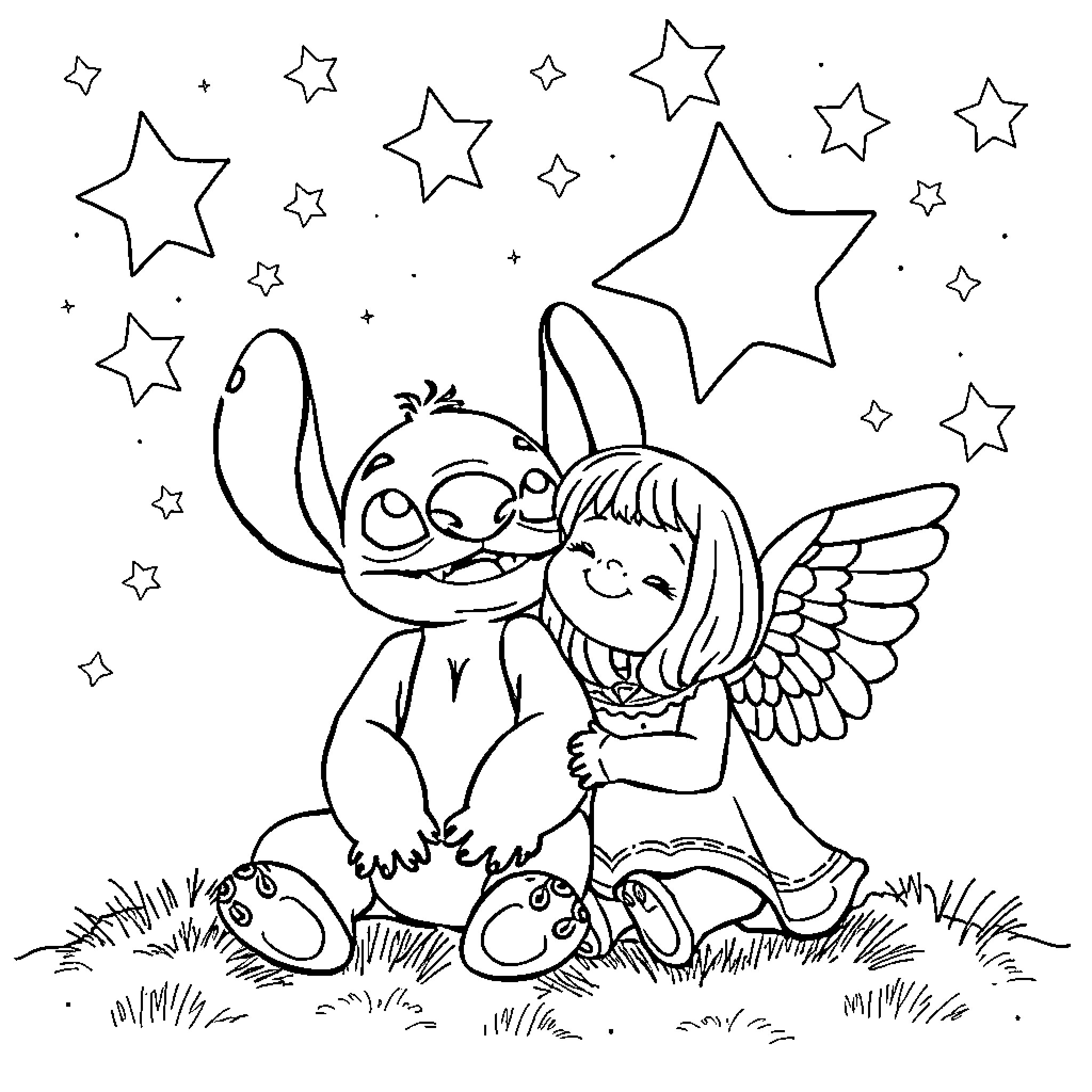 Stitch and Angel playing under the starry sky Coloring Page (free black-and-white line drawing printable PDF for all, from beginners to advanced learners, including children, teens, adults, and seniors)