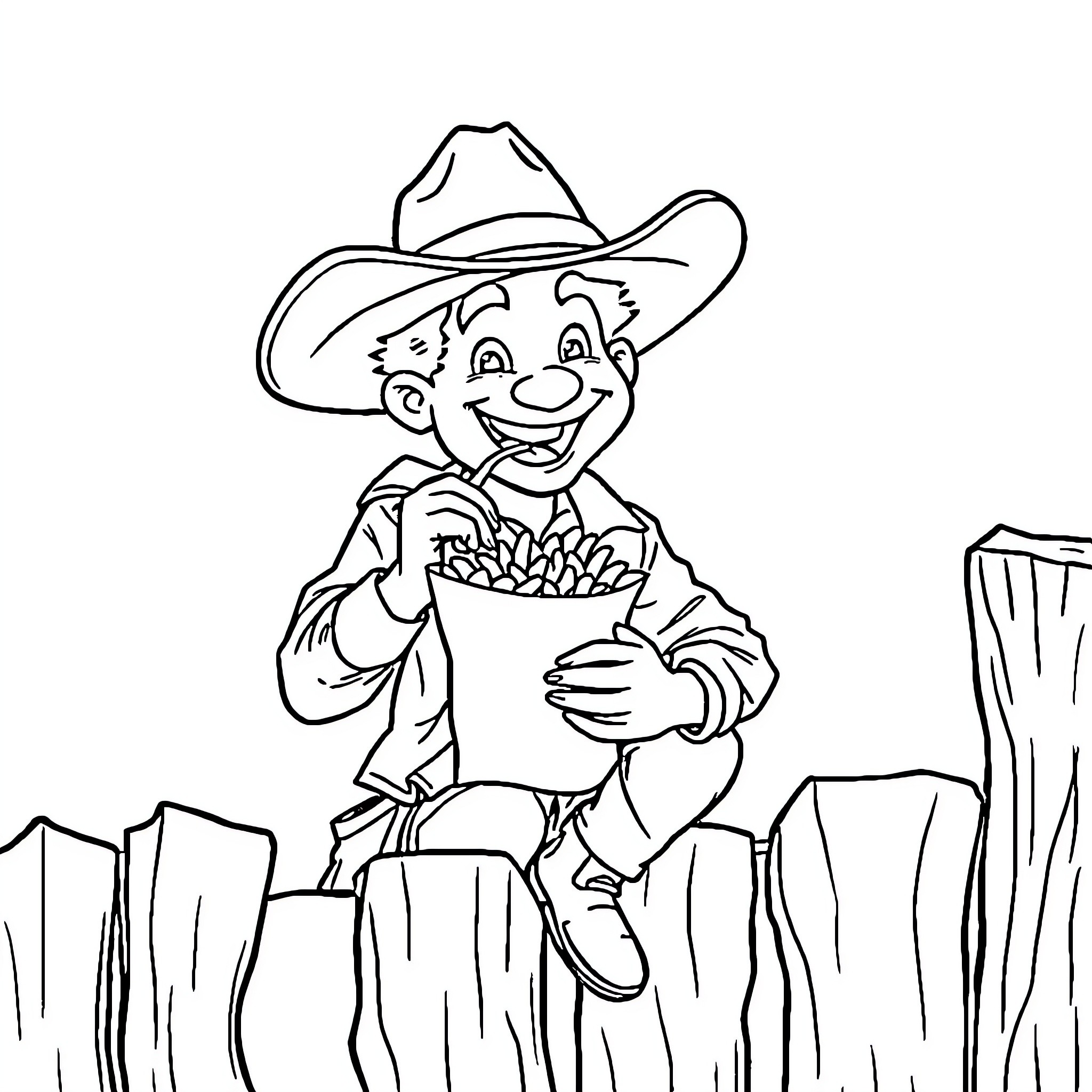Cowboy happily gathering flowers in the countryside Coloring Page (free black-and-white line drawing printable PDF for all, from beginners to advanced learners, including children, teens, adults, and seniors)