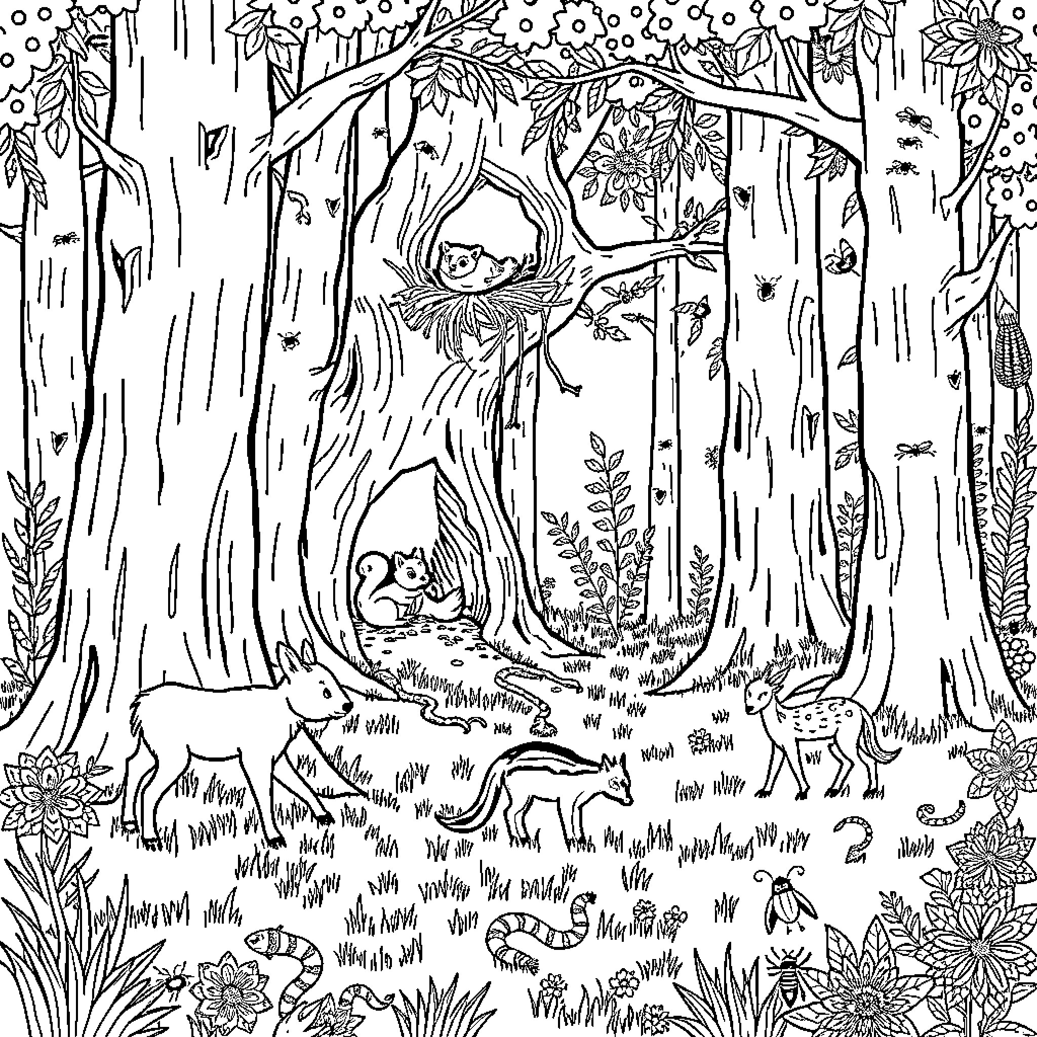 Tree animals in a dense forest Coloring Page (free black-and-white line drawing printable PDF for all, from beginners to advanced learners, including children, teens, adults, and seniors)