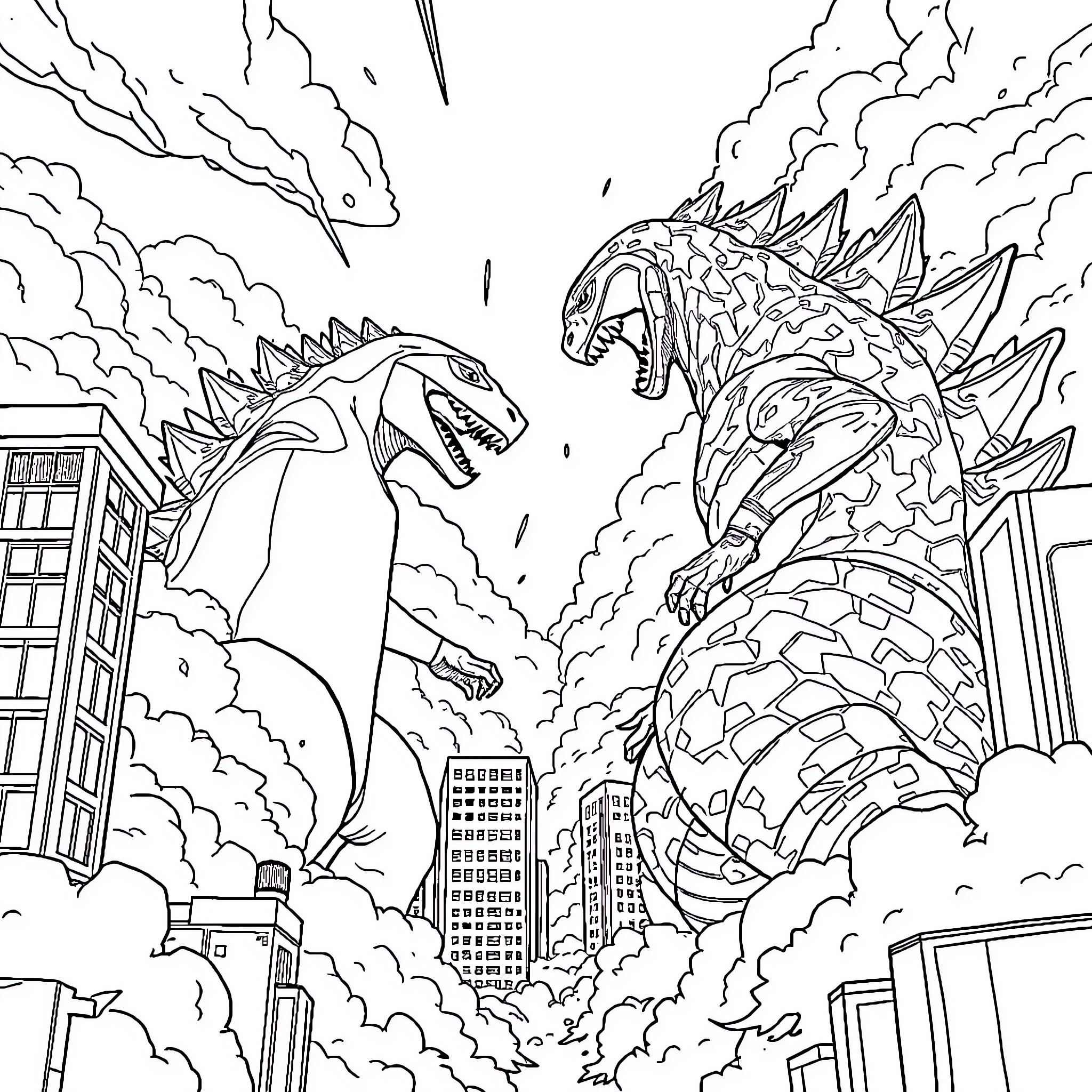 Xbox Monsters Battling in Futuristic City Coloring Page (free black-and-white line drawing printable PDF for all, from beginners to advanced learners, including children, teens, adults, and seniors)