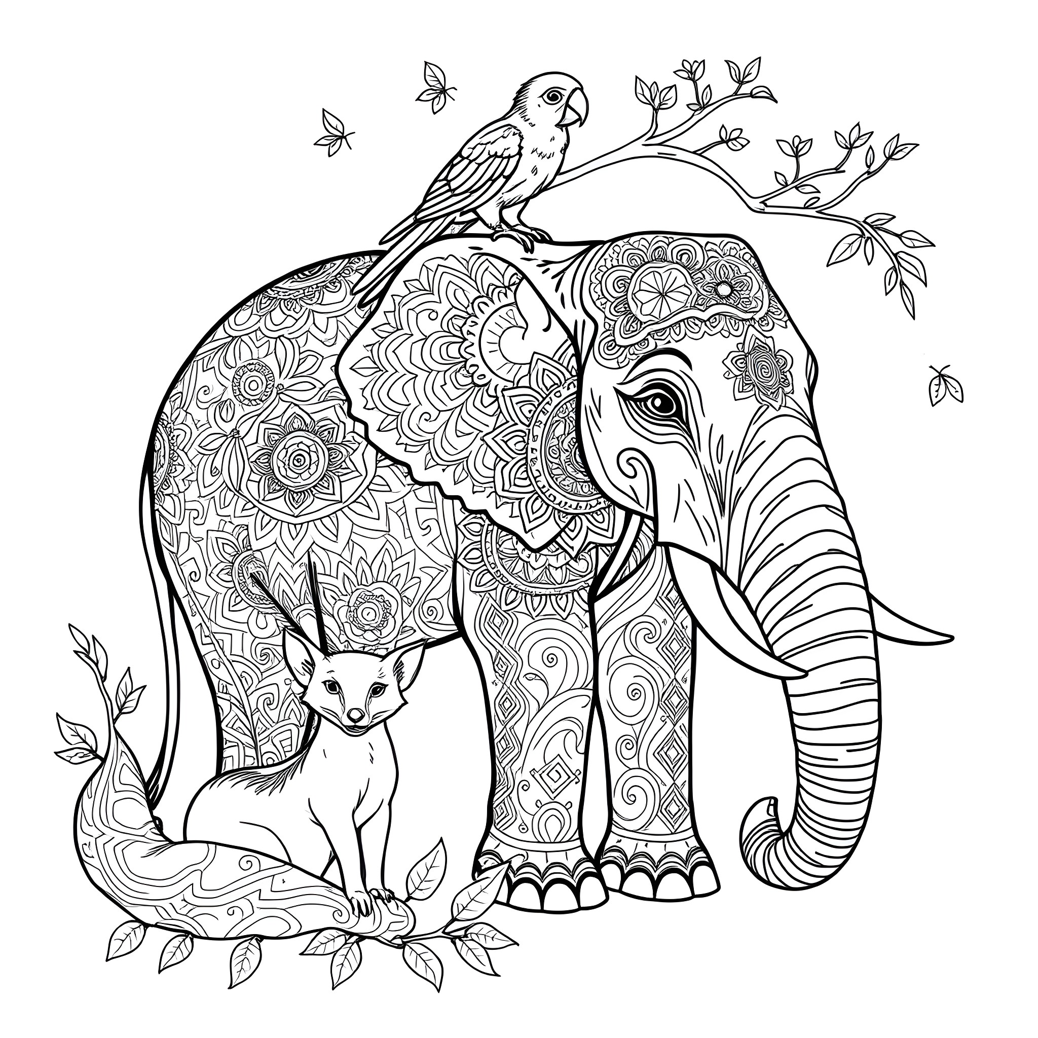 Animal Elephant and Birds in Ornate Floral Scene Coloring Page (free black-and-white line drawing printable PDF for all, from beginners to advanced learners, including children, teens, adults, and seniors)