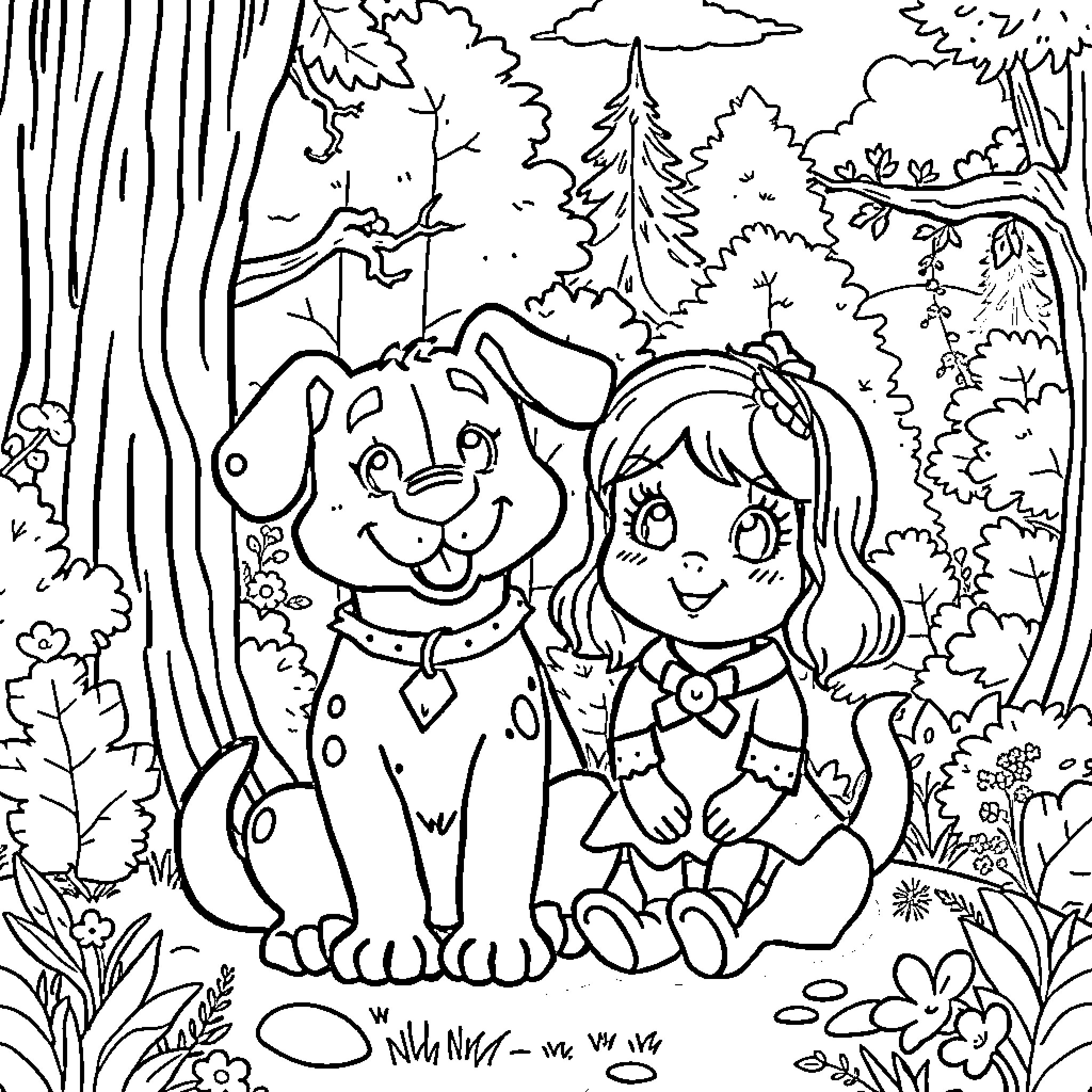 Chip and young girl explore the forest Coloring Page (free black-and-white line drawing printable PDF for all, from beginners to advanced learners, including children, teens, adults, and seniors)