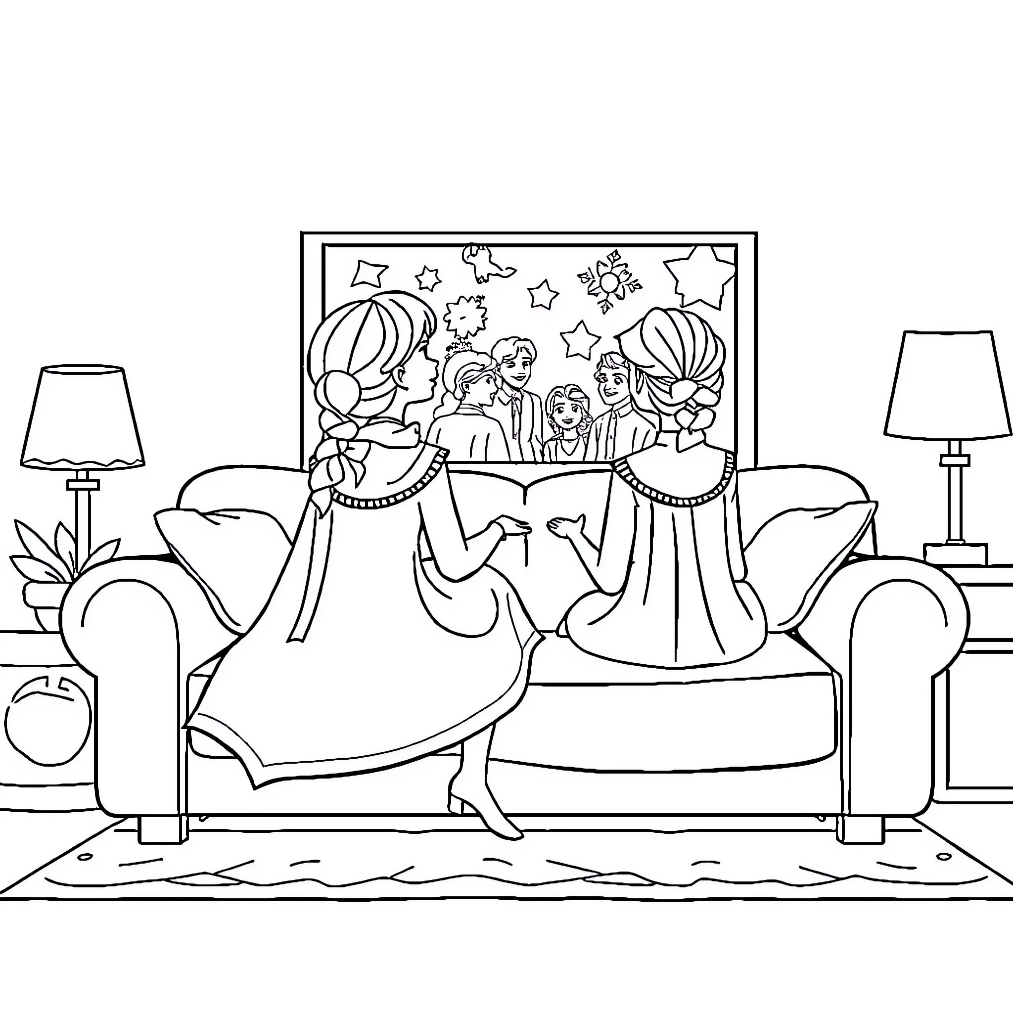 Ana and her friends in a cozy living room Coloring Page (free black-and-white line drawing printable PDF for all, from beginners to advanced learners, including children, teens, adults, and seniors)