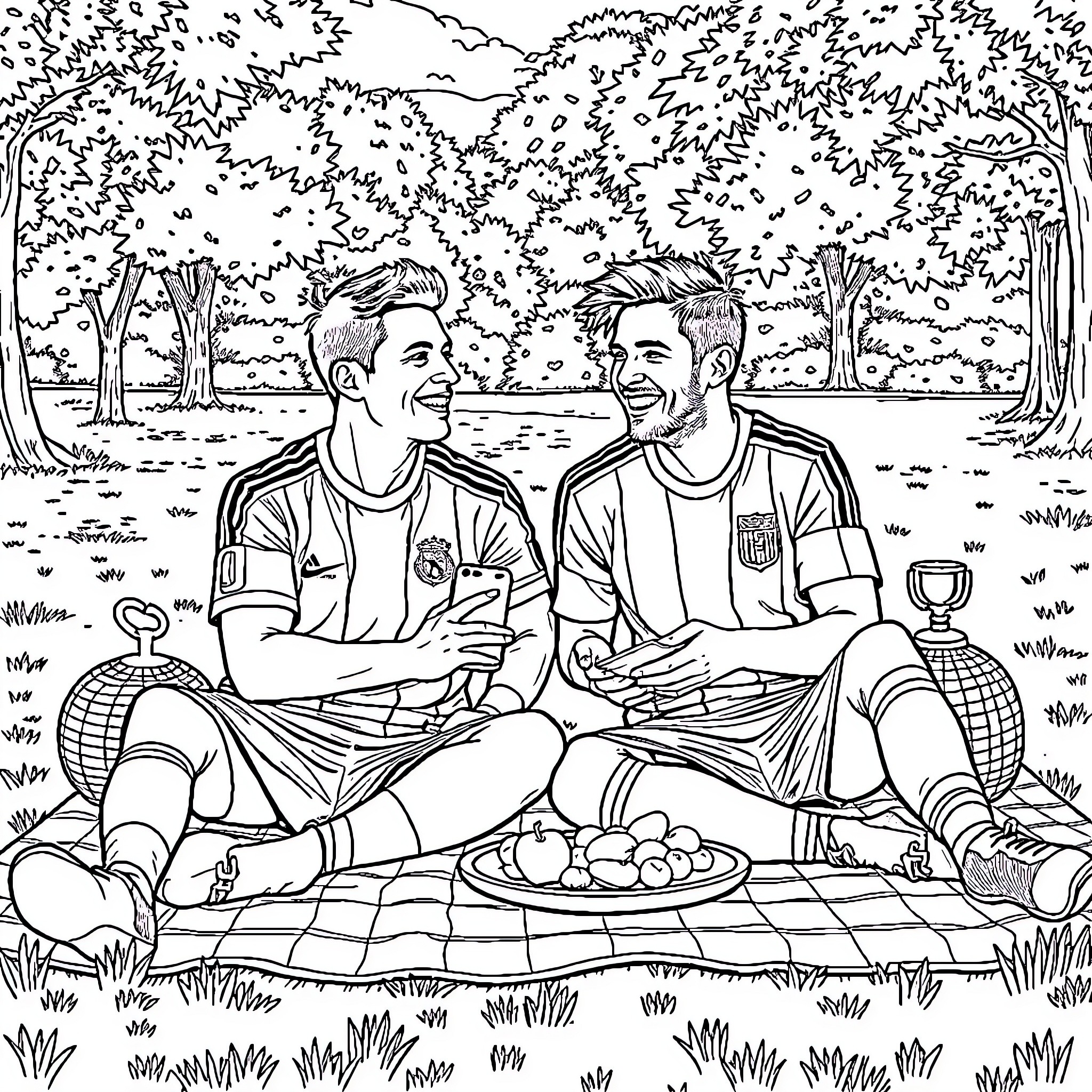 Cristiano Ronaldo having a picnic with teammate in the park Coloring Page (free black-and-white line drawing printable PDF for all, from beginners to advanced learners, including children, teens, adults, and seniors)