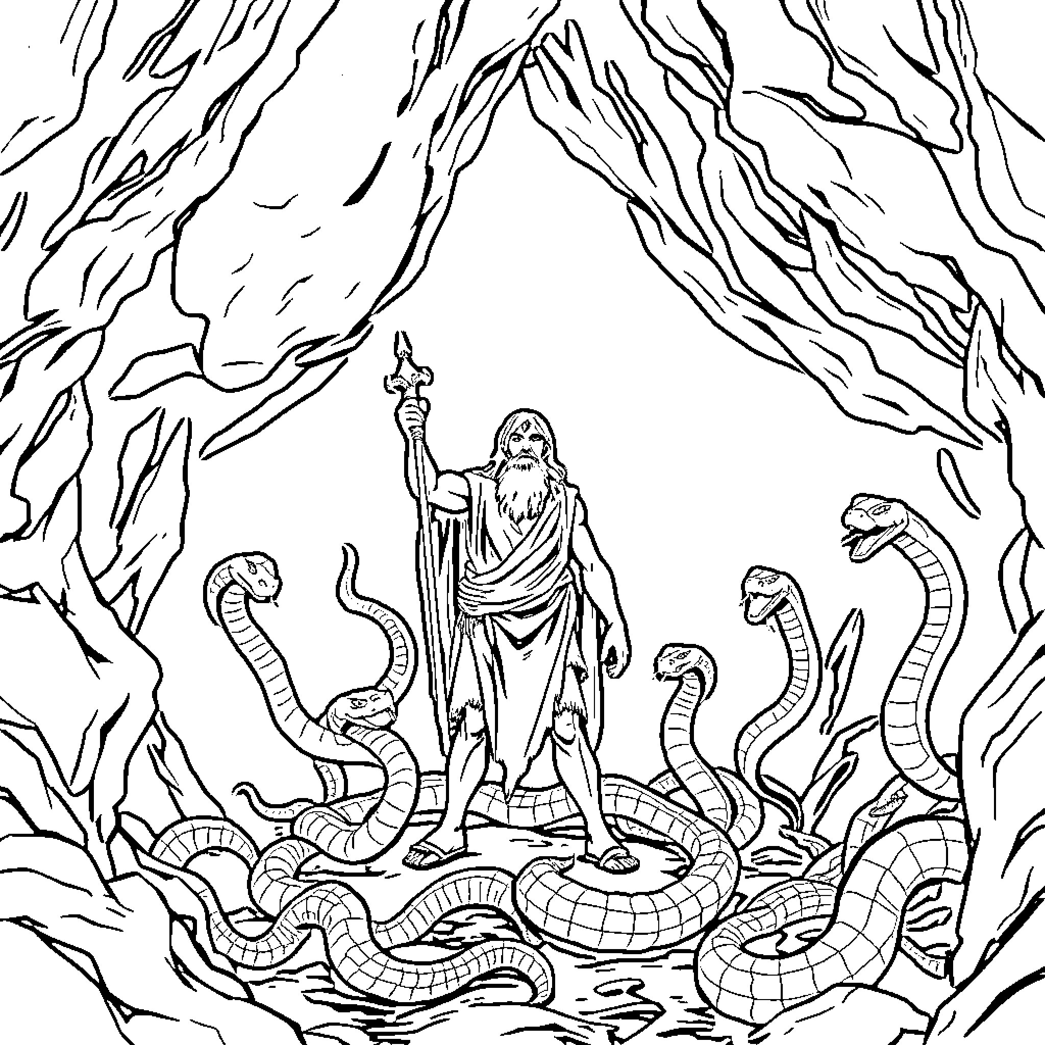 Theseus confronting the Minotaur in the mythical maze Coloring Page (free black-and-white line drawing printable PDF for all, from beginners to advanced learners, including children, teens, adults, and seniors)