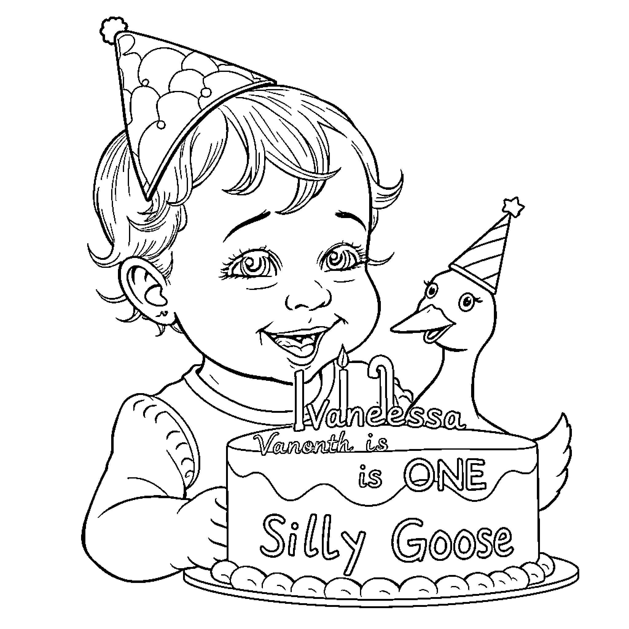 Baby celebrates first birthday with Silly Goose Coloring Page (free black-and-white line drawing printable PDF for all, from beginners to advanced learners, including children, teens, adults, and seniors)