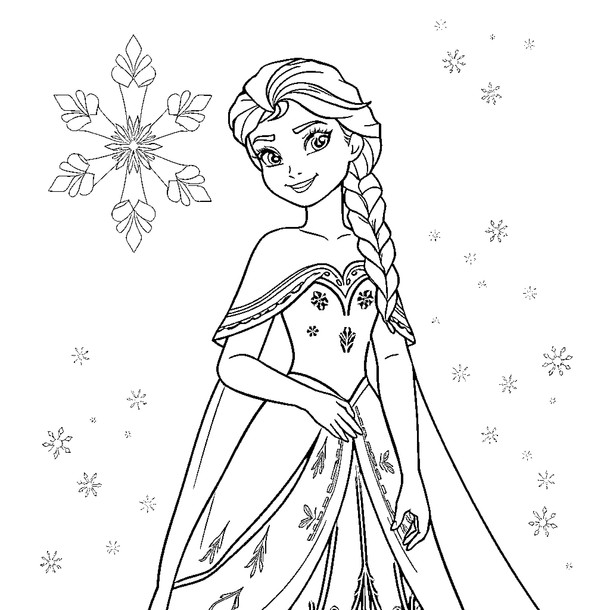 Anna's Snowy Adventure Coloring Page (free black-and-white line drawing printable PDF for all, from beginners to advanced learners, including children, teens, adults, and seniors)