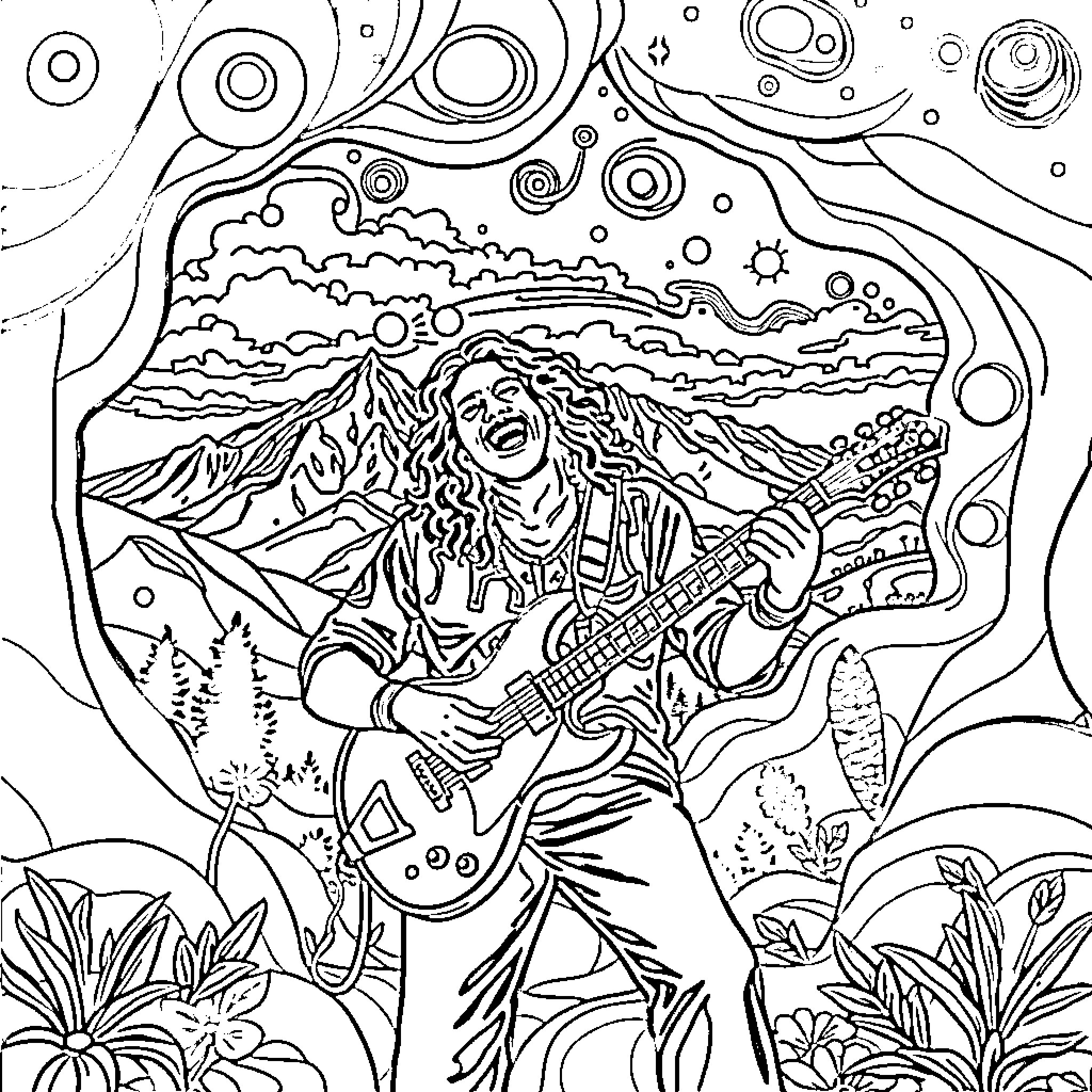 Guitar musician playing on mountain landscape Coloring Page (free black-and-white line drawing printable PDF for all, from beginners to advanced learners, including children, teens, adults, and seniors)
