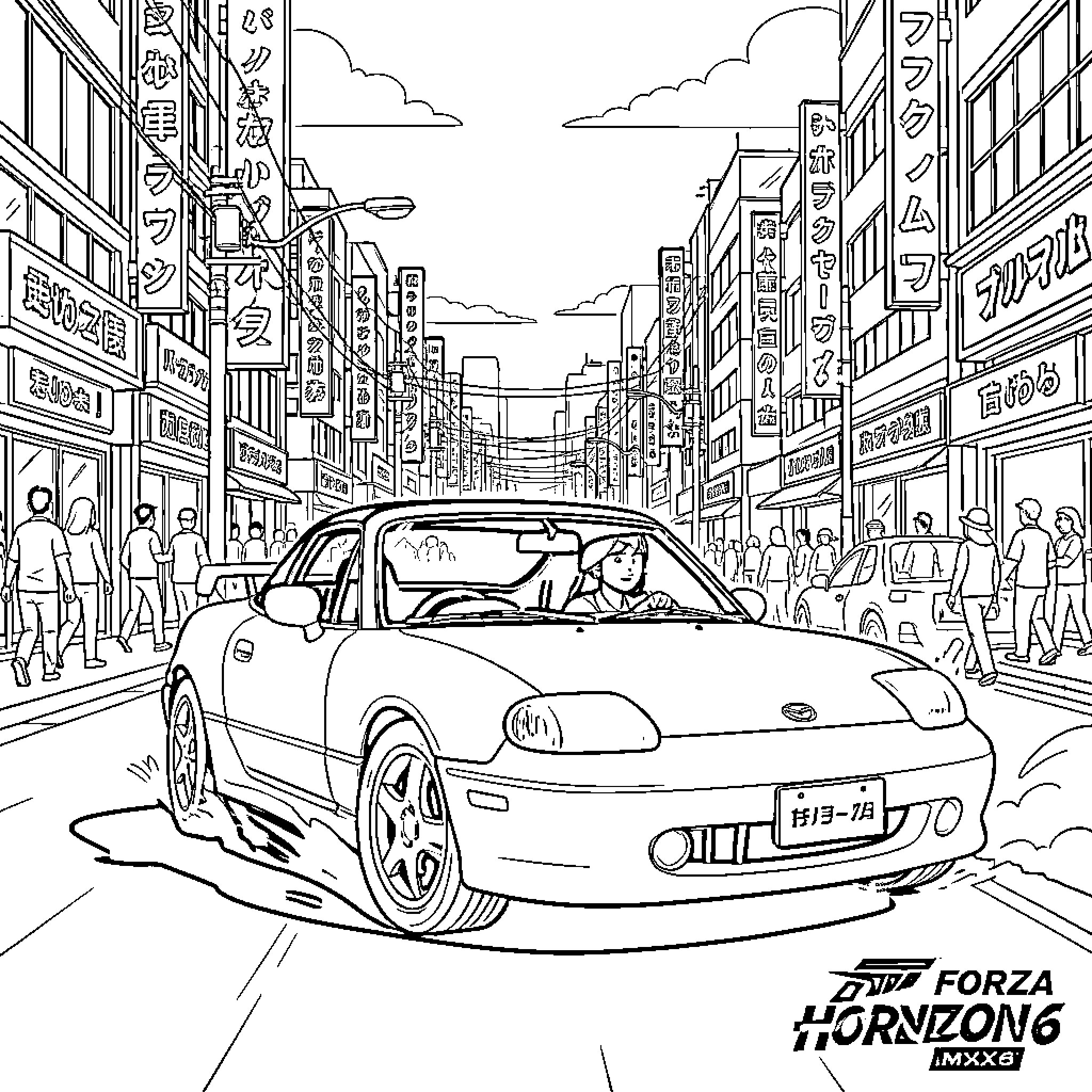 Mazda Miata driving through a busy city street Coloring Page (free black-and-white line drawing printable PDF for all, from beginners to advanced learners, including children, teens, adults, and seniors)