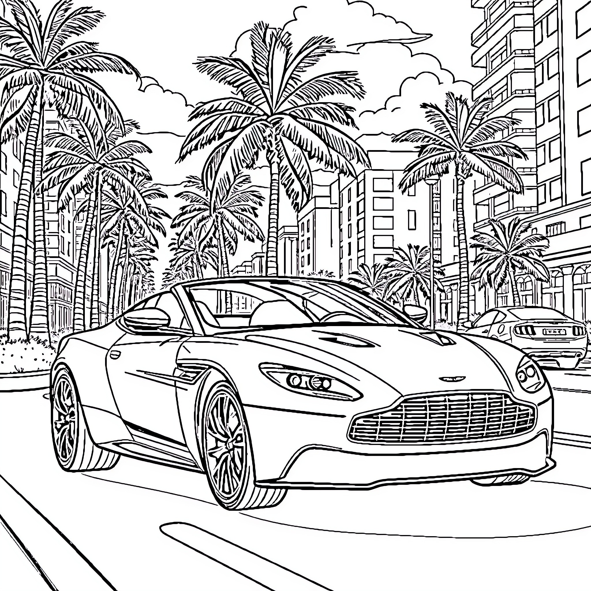 Aston Martin sports car in tropical city scene Coloring Page (free black-and-white line drawing printable PDF for all, from beginners to advanced learners, including children, teens, adults, and seniors)