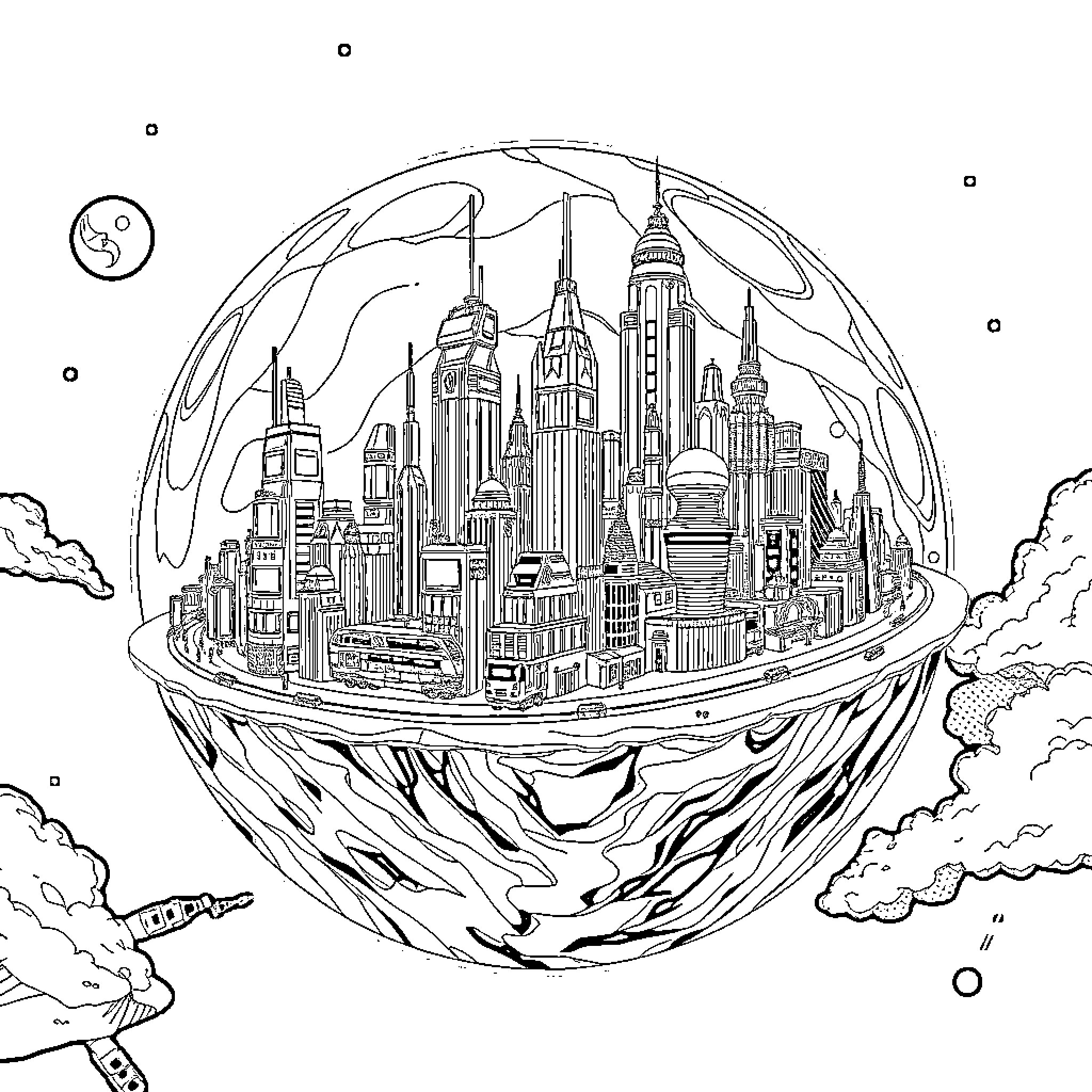 Planet of Futuristic Metropolis in Outer Space Coloring Page (free black-and-white line drawing printable PDF for all, from beginners to advanced learners, including children, teens, adults, and seniors)