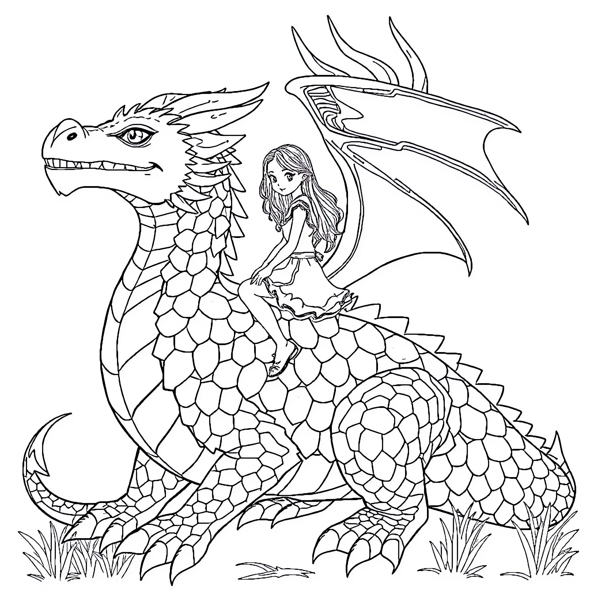 Girl sitting on a fantasy dragon in a field Coloring Page (free black-and-white line drawing printable PDF for all, from beginners to advanced learners, including children, teens, adults, and seniors)