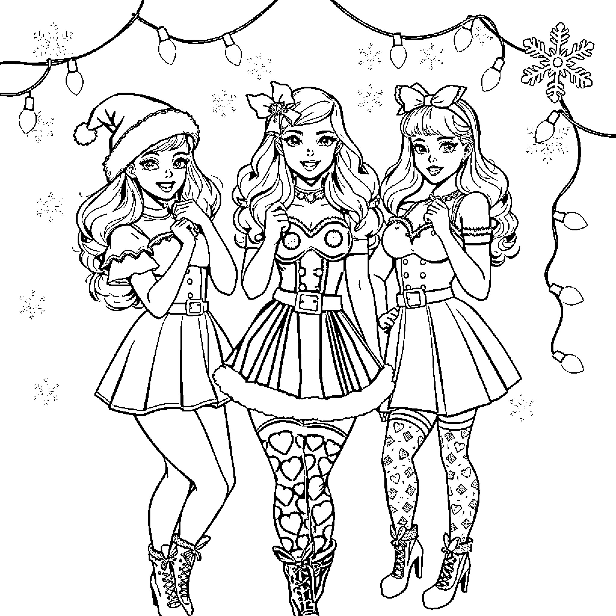 Pin Up Girl Christmas Party Coloring Page (free black-and-white line drawing printable PDF for all, from beginners to advanced learners, including children, teens, adults, and seniors)