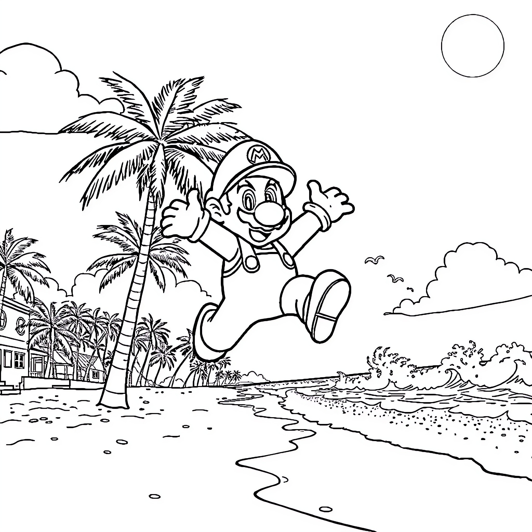 Super Mario Jumps with Joy on the Beach Coloring Page (free black-and-white line drawing printable PDF for all, from beginners to advanced learners, including children, teens, adults, and seniors)