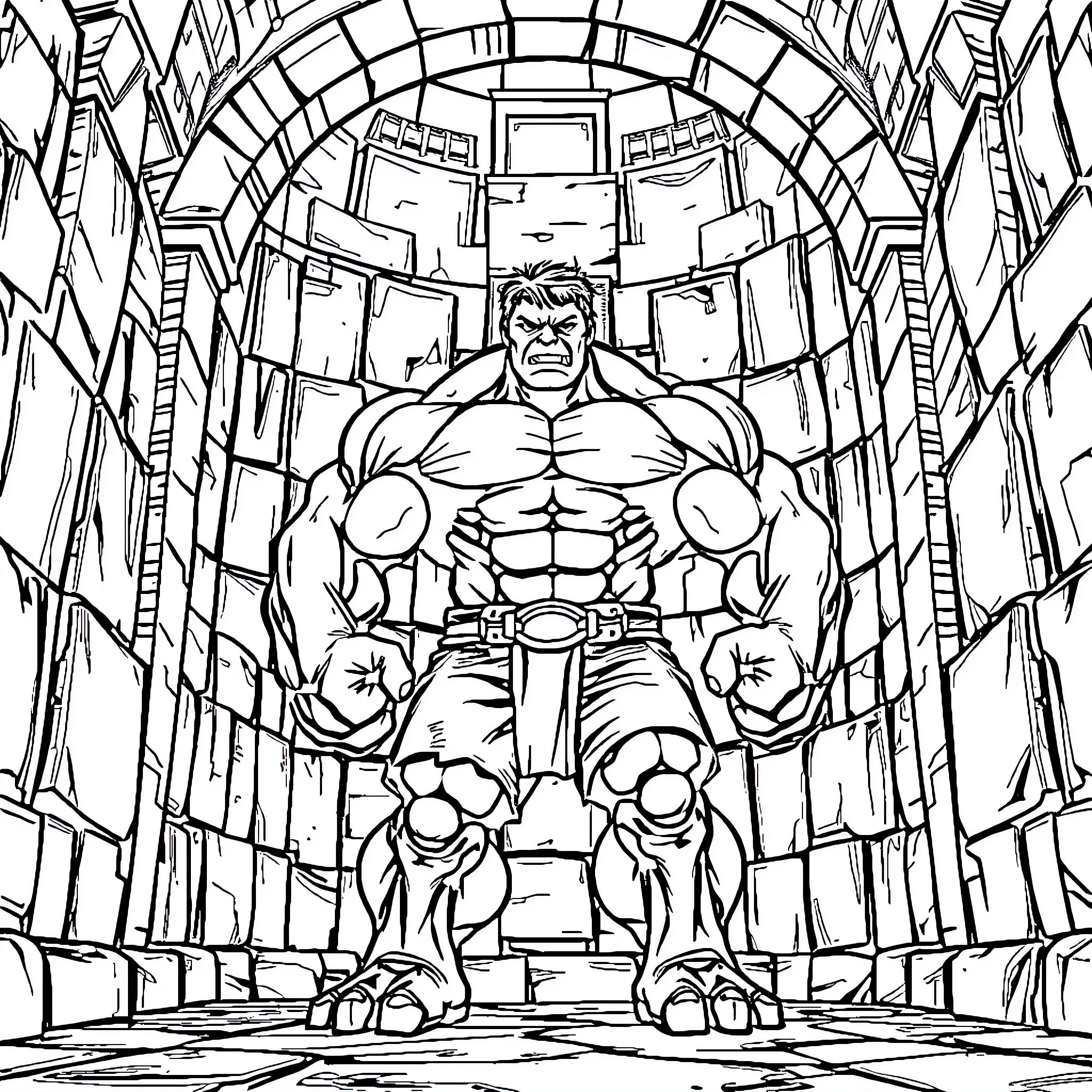Hulk Rampaging Through Futuristic Cityscape Coloring Page (free black-and-white line drawing printable PDF for all, from beginners to advanced learners, including children, teens, adults, and seniors)