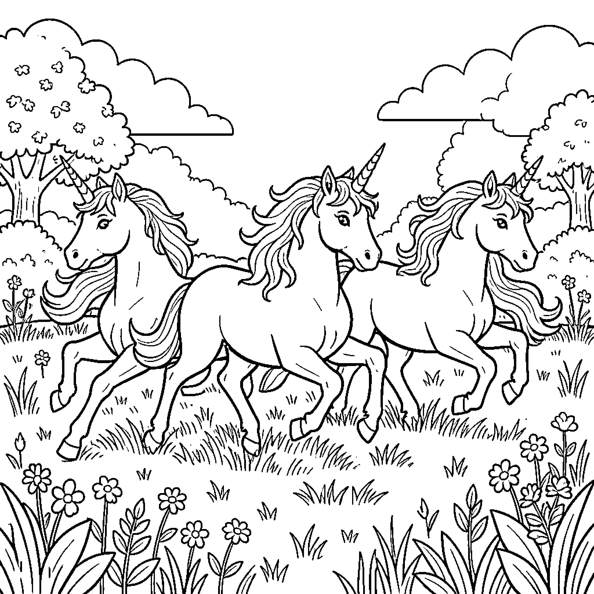 Unicorns running joyfully through a flowery meadow Coloring Page (free black-and-white line drawing printable PDF for all, from beginners to advanced learners, including children, teens, adults, and seniors)
