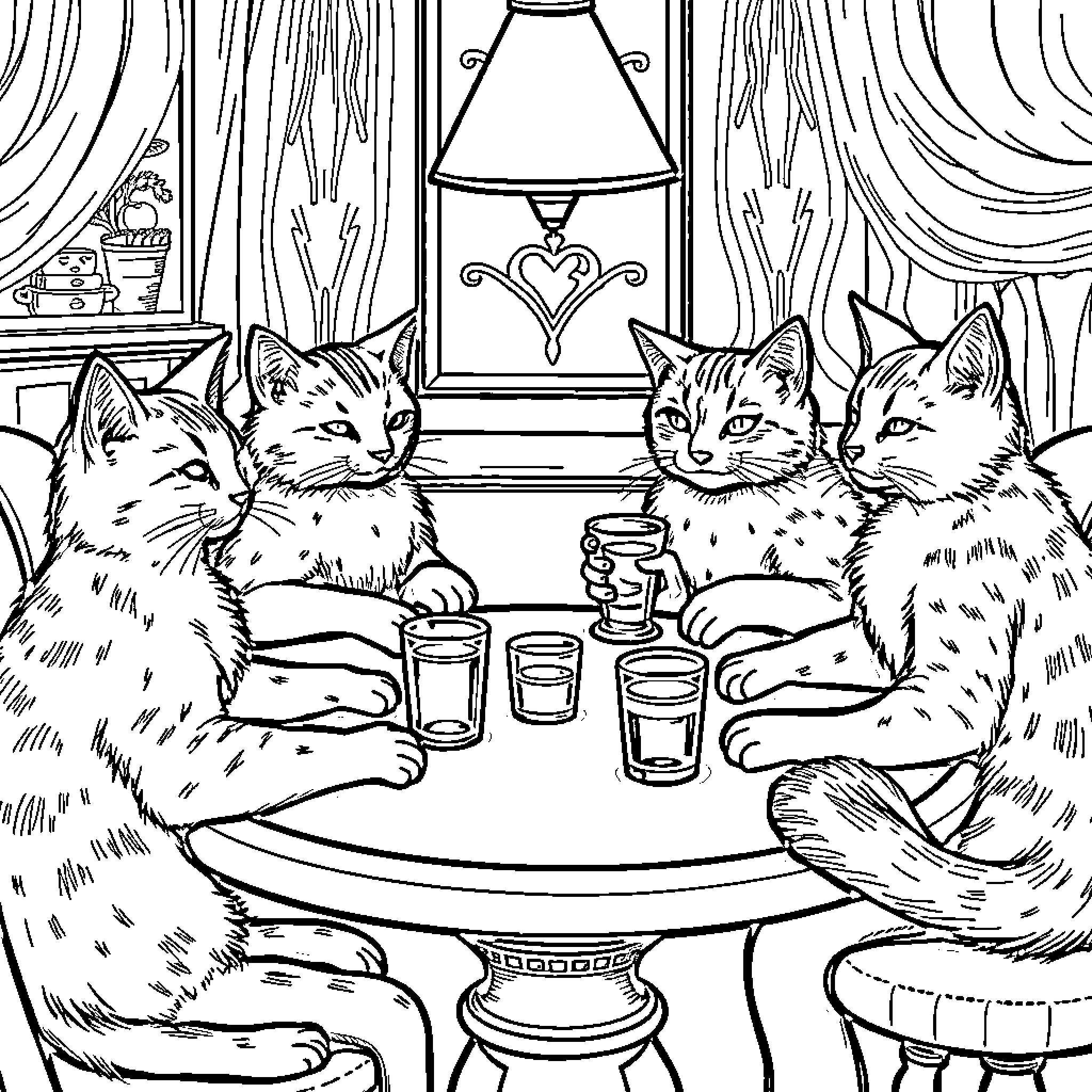 Cat Kittens Enjoying A Cozy Evening Together Coloring Page (free black-and-white line drawing printable PDF for all, from beginners to advanced learners, including children, teens, adults, and seniors)