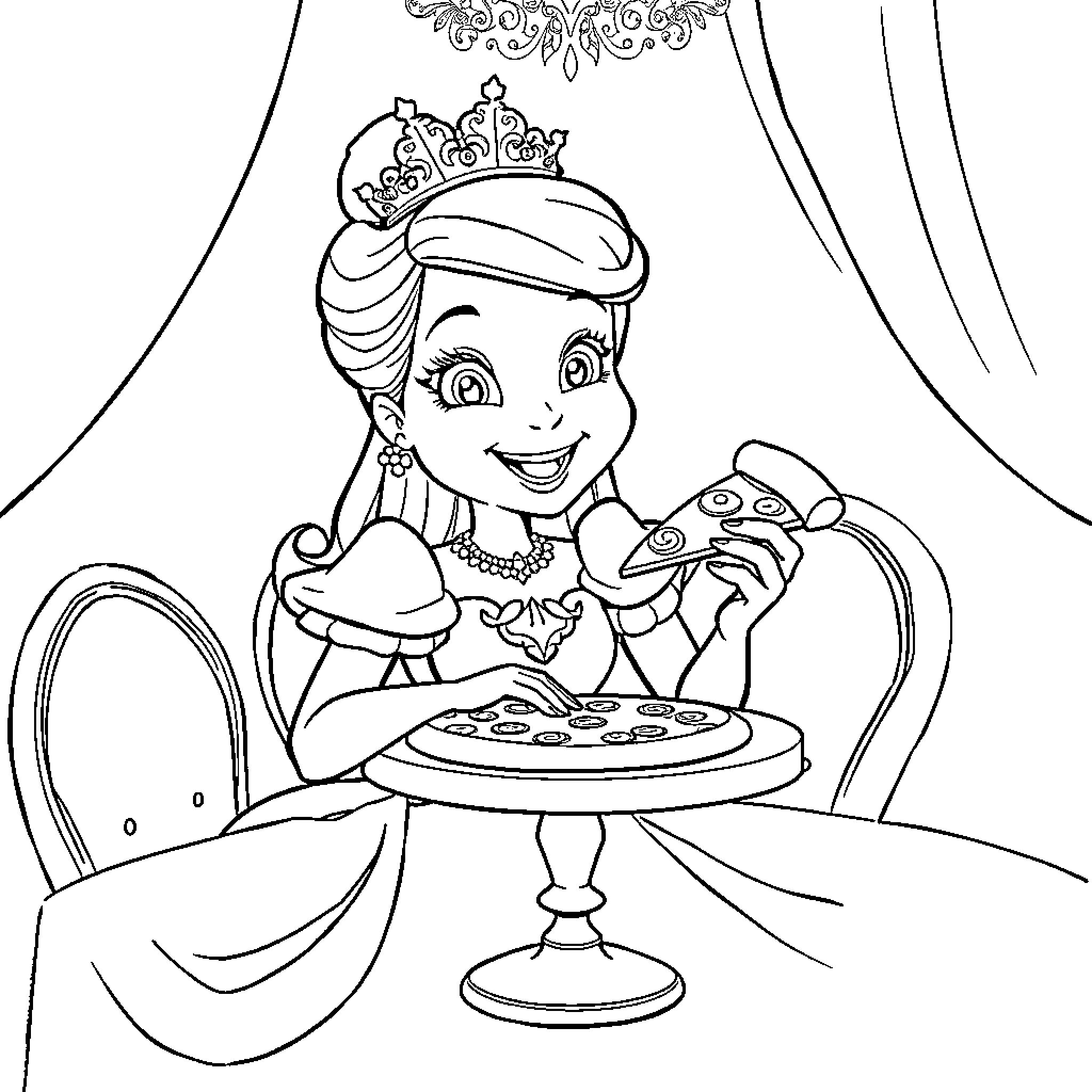 Princess enjoying a royal tea party Coloring Page (free black-and-white line drawing printable PDF for all, from beginners to advanced learners, including children, teens, adults, and seniors)