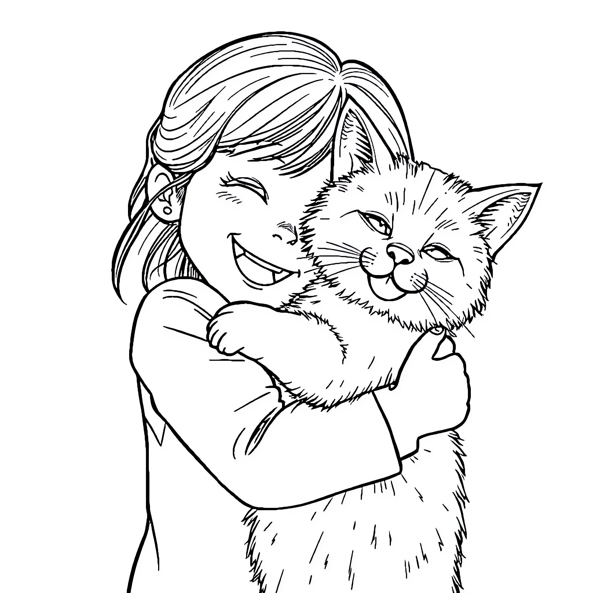 Girl hugging a playful kitten Coloring Page (free black-and-white line drawing printable PDF for all, from beginners to advanced learners, including children, teens, adults, and seniors)