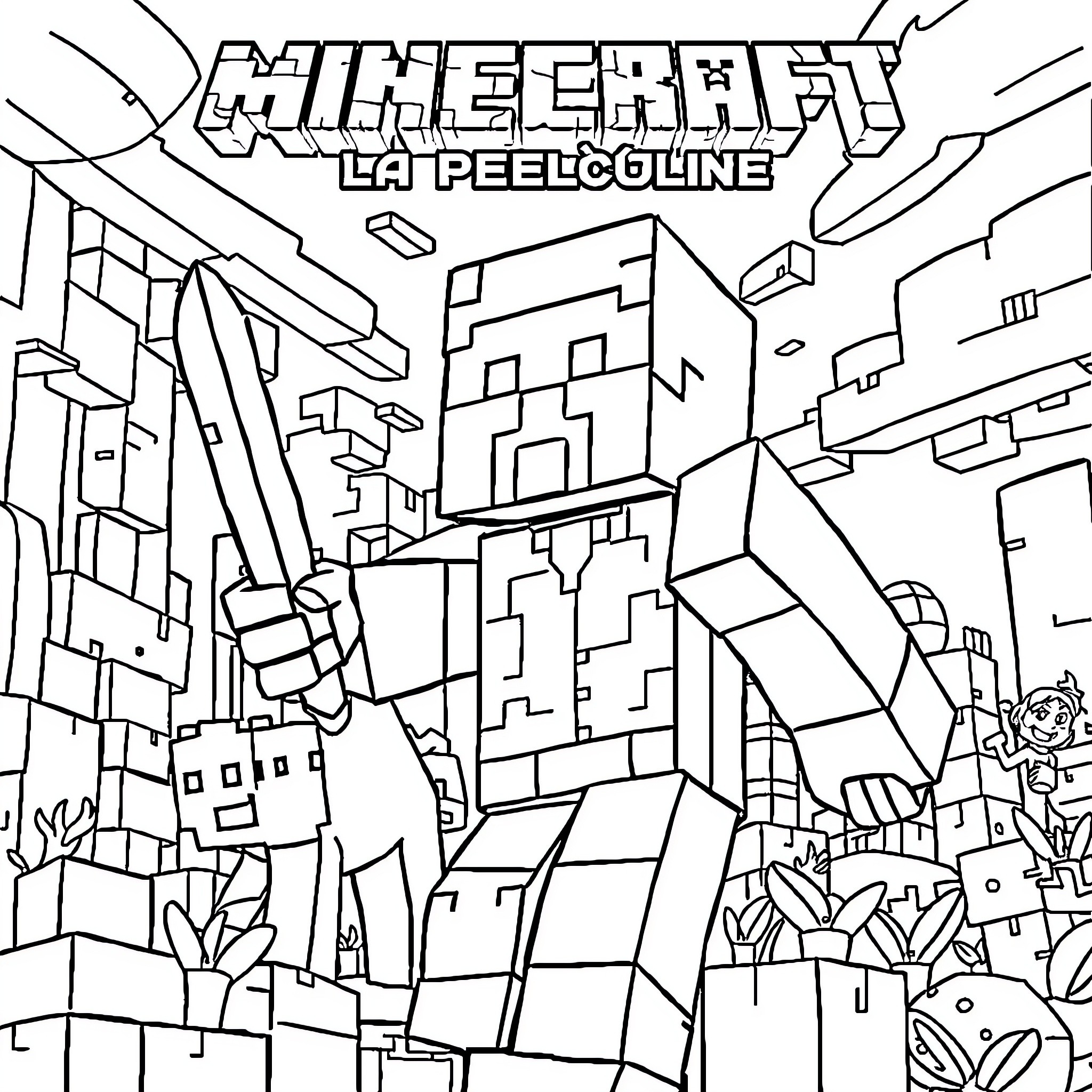 Minecraft: Exploring the Blocky World Coloring Page (free black-and-white line drawing printable PDF for all, from beginners to advanced learners, including children, teens, adults, and seniors)