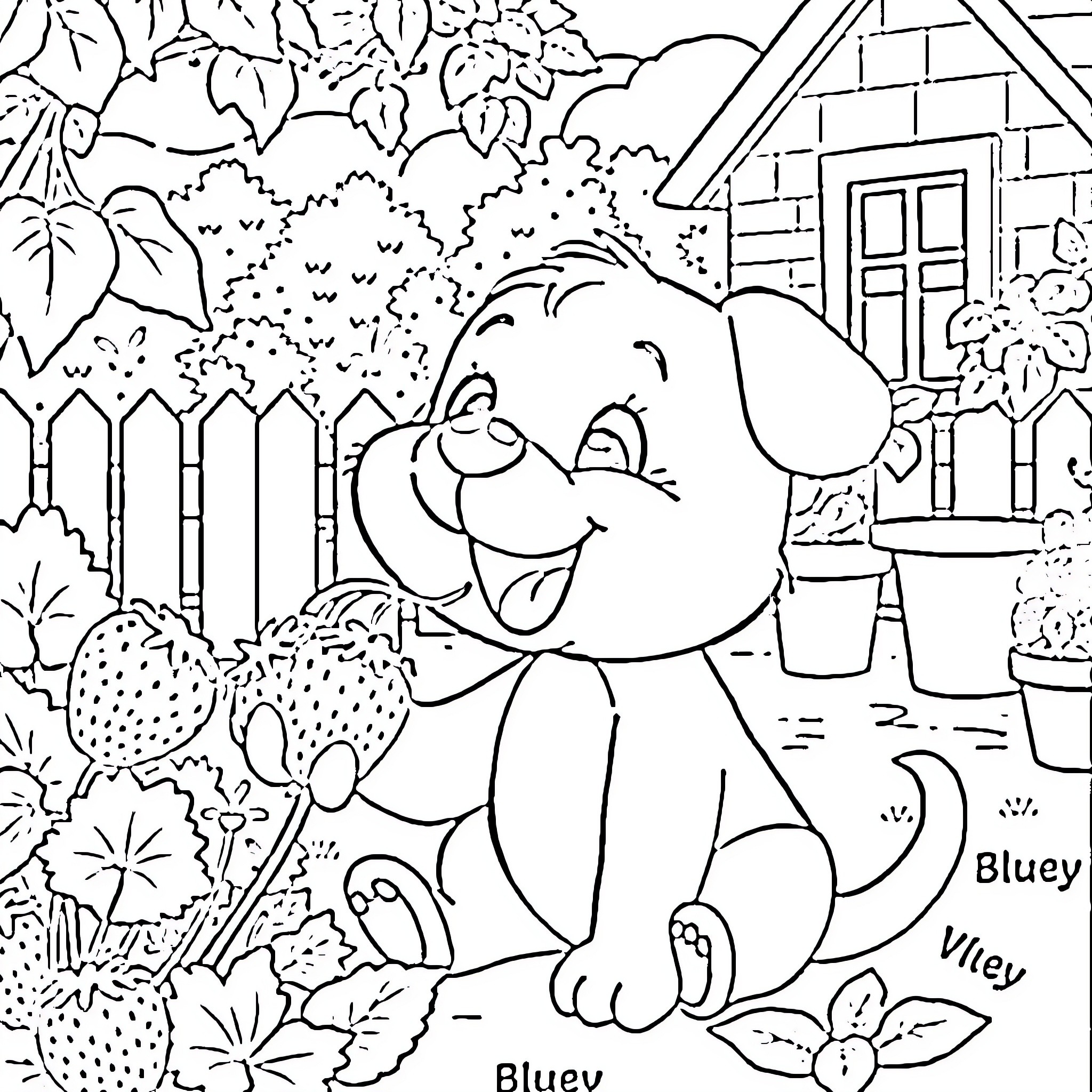 Bluey's happy day in the garden Coloring Page (free black-and-white line drawing printable PDF for all, from beginners to advanced learners, including children, teens, adults, and seniors)